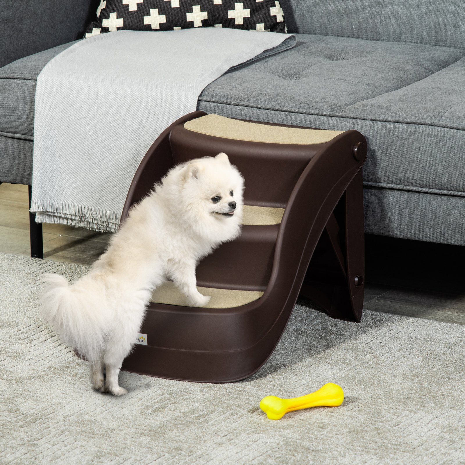 Foldable Dog Steps for Bed Sofa, Portable Dog Stairs 3-Step for High Bed, Pet Stairs with Non-slip Mats for Small and Miniature Breeds, 49 x 38 x 38 cm, Brown