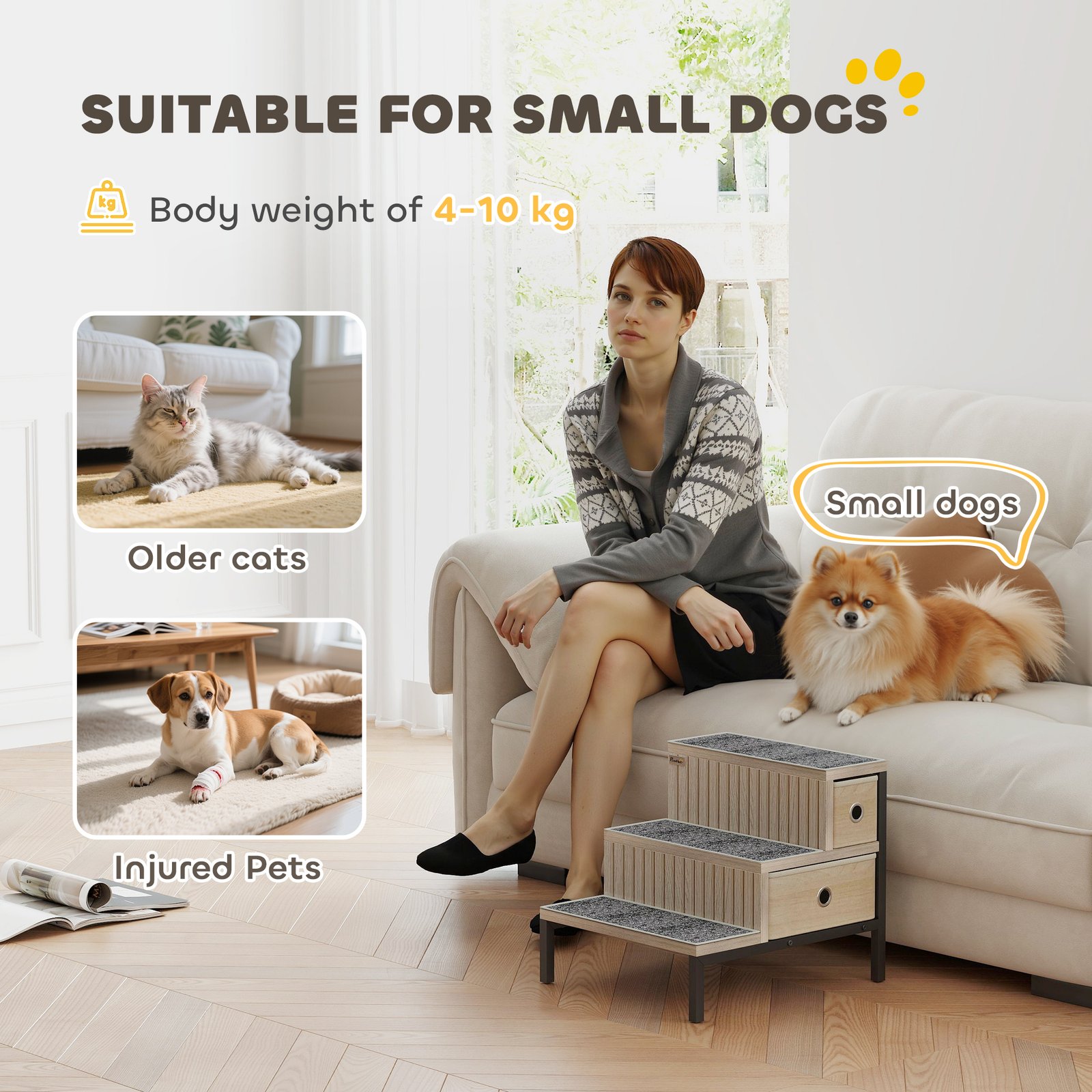 Dog Stairs with Storage, Non-Slip Cover, Pet Steps for Small Dogs & Older Cats, for Sofa, High Bed, Oak Tone - Image 4