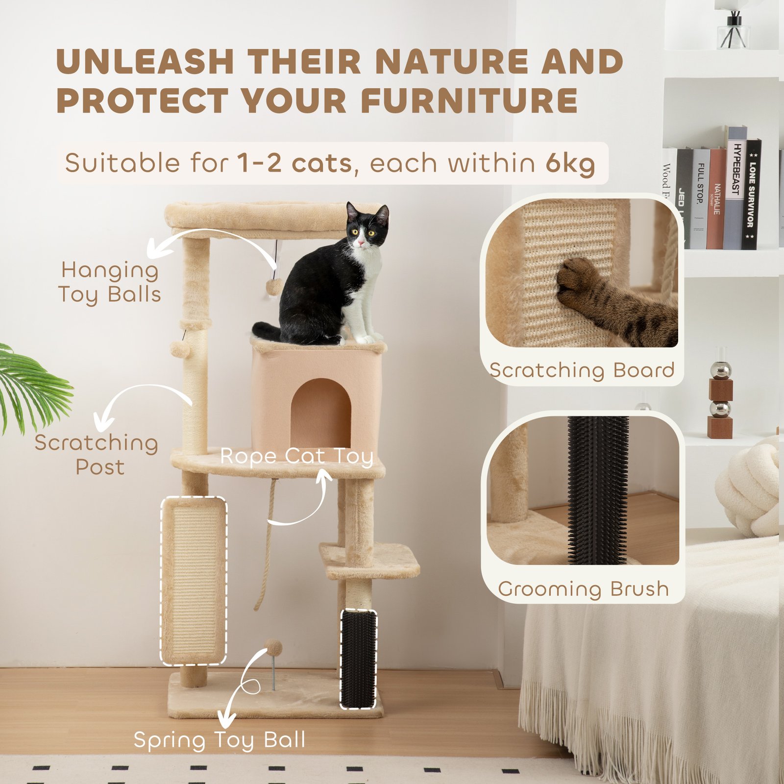 132cm Cat Tree w/ Scratching Posts, Pad, Cat Bed, Cat House, Jumping Platform, Grooming Brush, Anti-Tip Kit, Beige