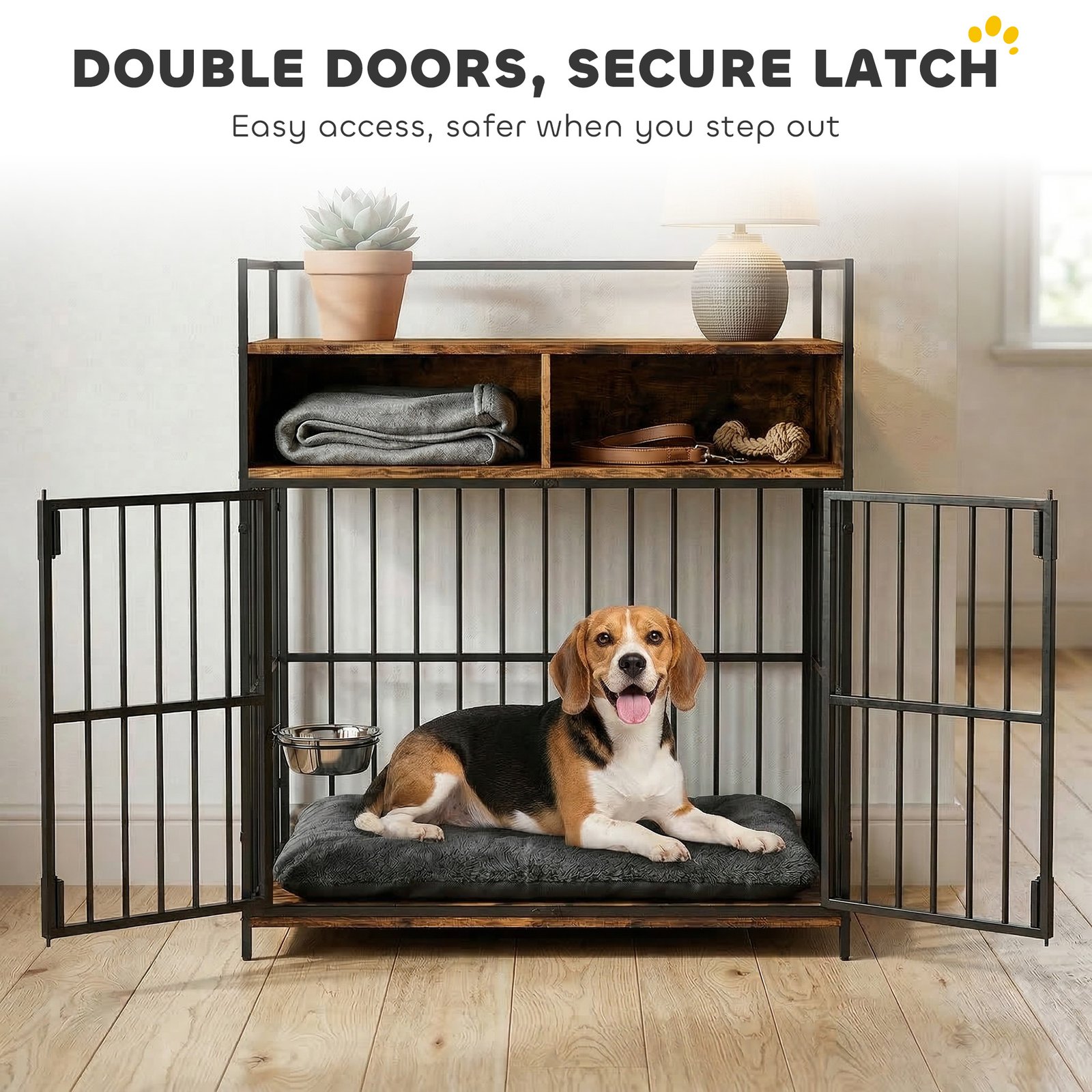 Dog Crate Furniture, Dog Cage with Rotatable Feeding Station and Storage Shelves, End Side Table Indoor Pet Kenne - Image 7