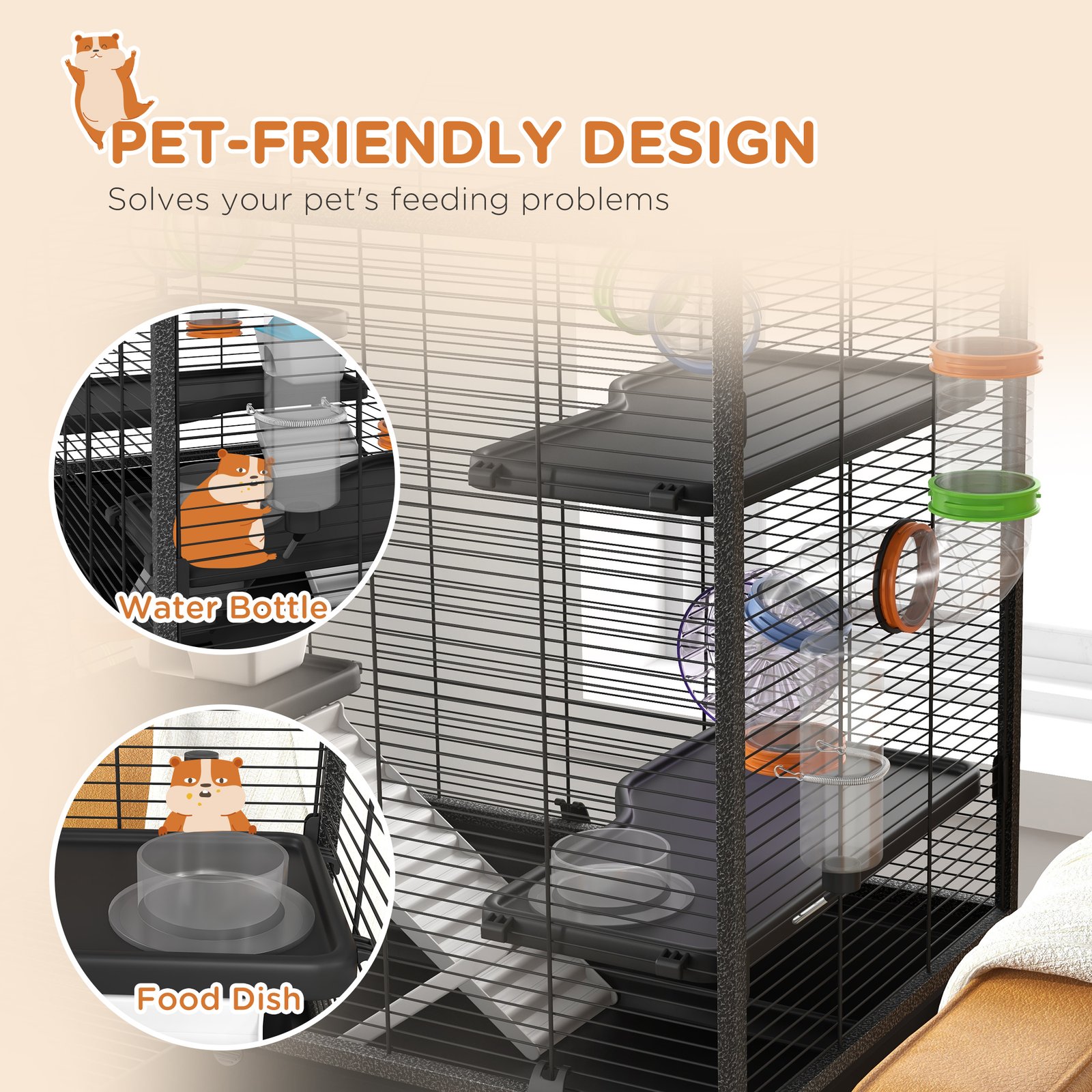 Large Hamster Cage, Gerbil Cage with Tubes, Storage Shelf, Ramps, Platforms, Running Wheel - Black - Image 7