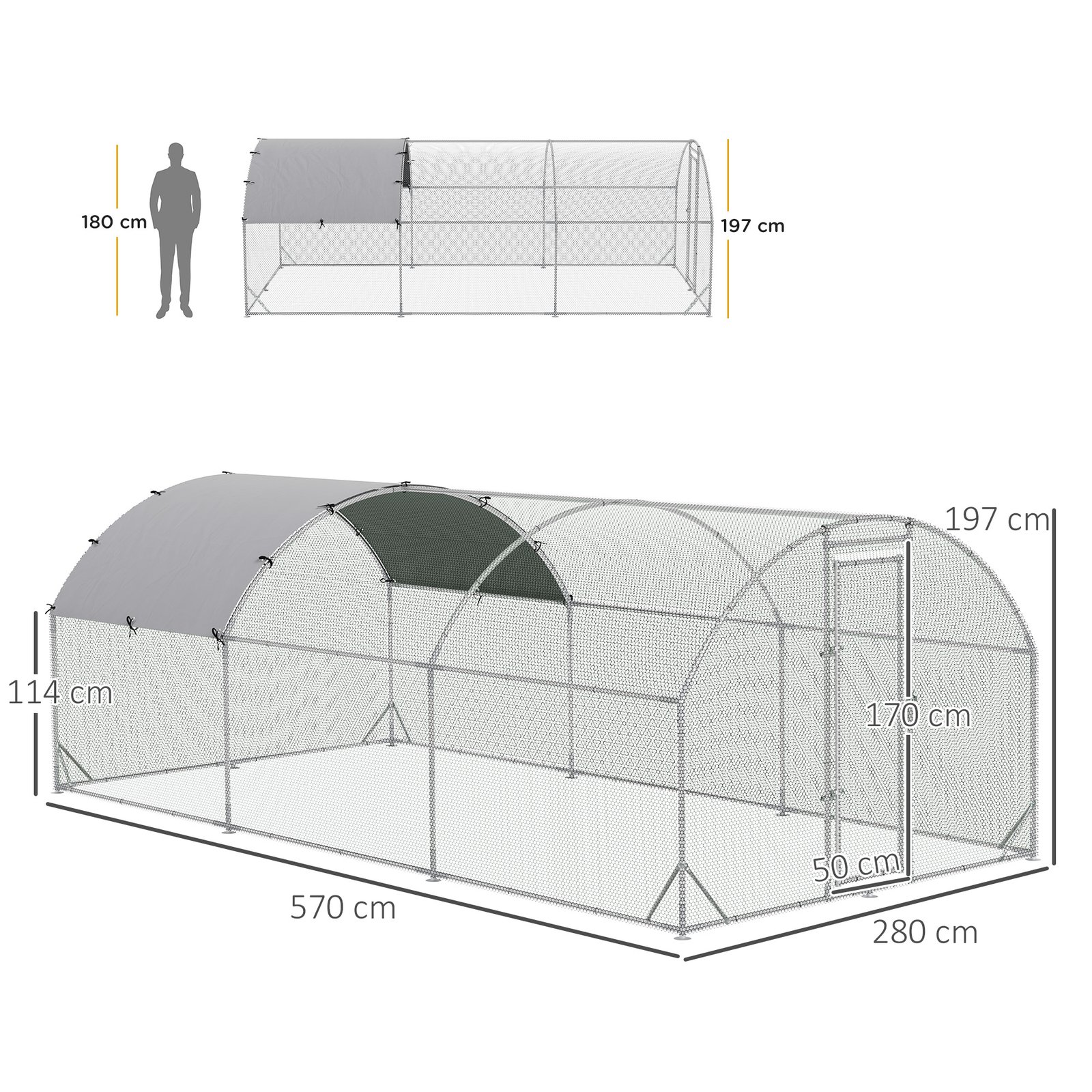 Large Galvanised Chicken Coop with Cover 5.7x2.8x2m Outdoor for Hens - Silver Grey - Image 3