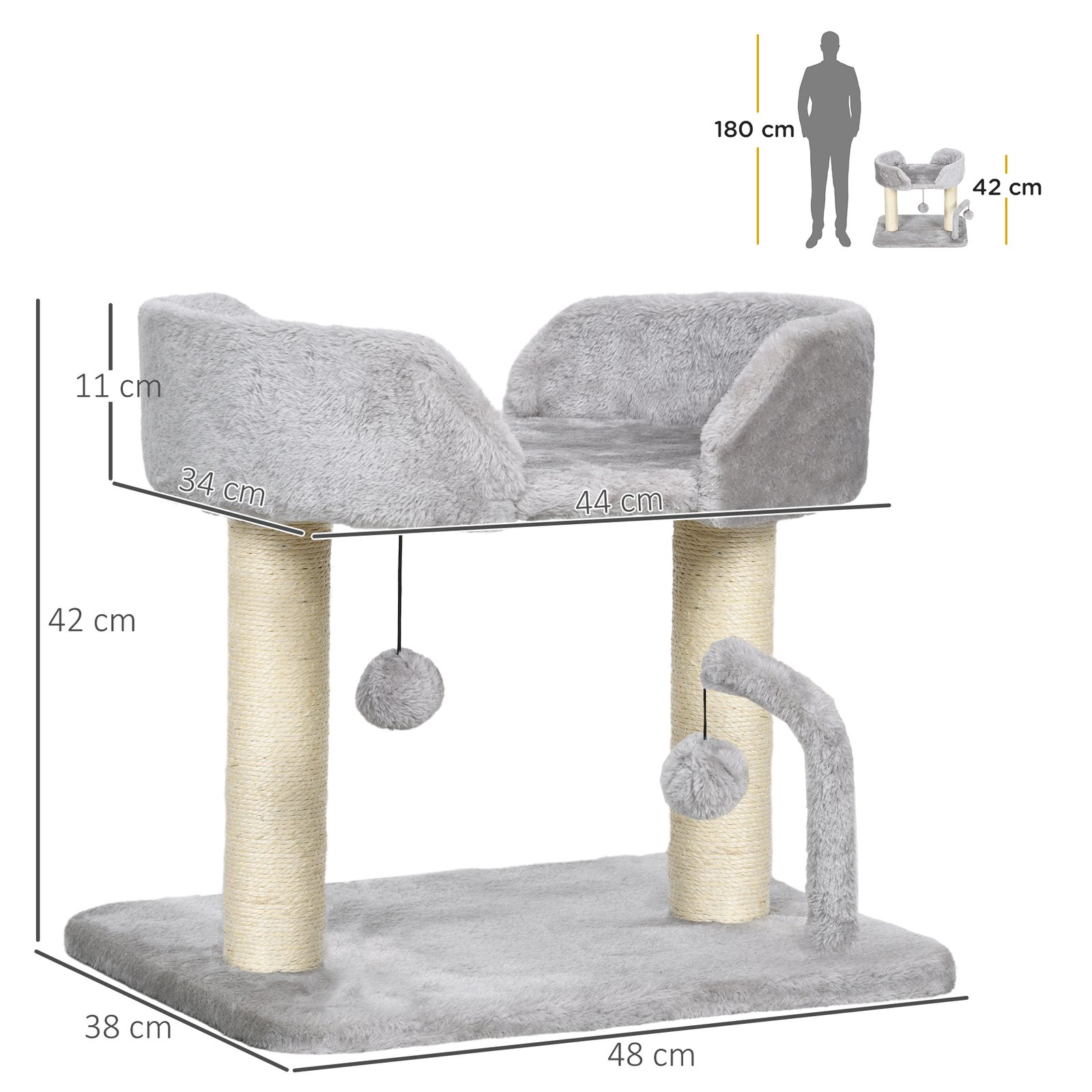 42cm Indoor Cat Tree, with Toy Balls, Sisal Scratching Post - Light Grey - Image 3