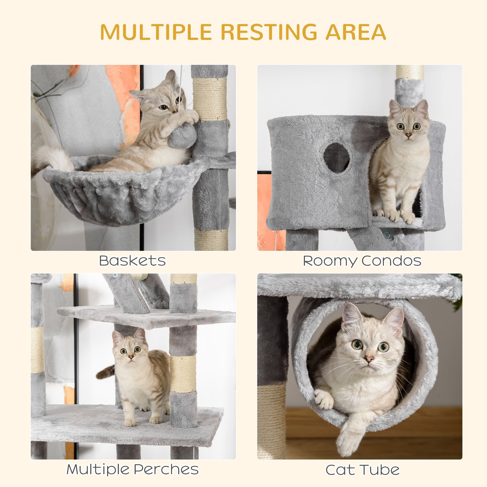 Floor to Ceiling Cat Tree for Indoor Cats, 240-260cm, Adjustable Height - Light Grey - Image 5