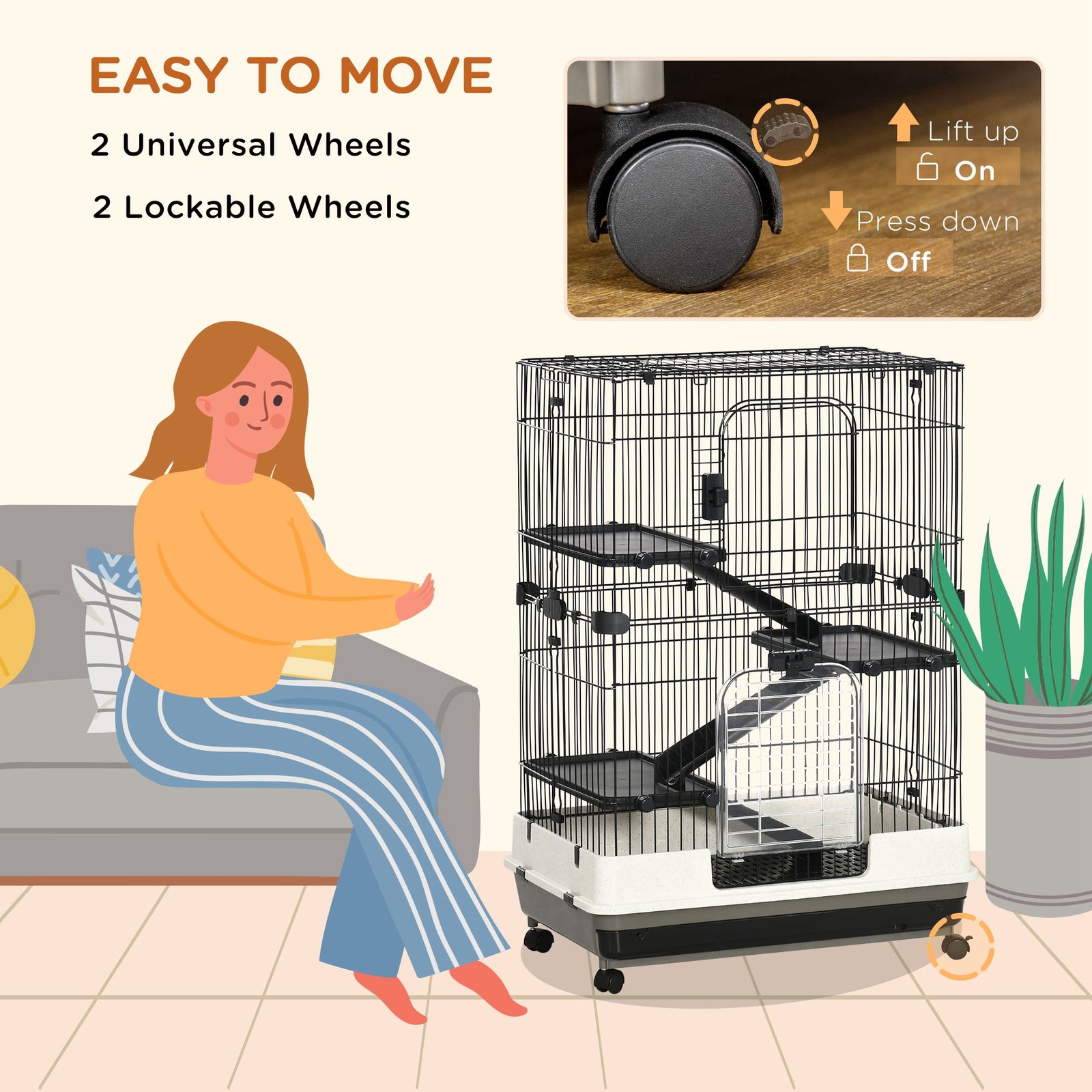 Four-Tier Small Animal Cage, for Bunnies, Ferrets, Chinchillas w/ Wheels, Tray - Black