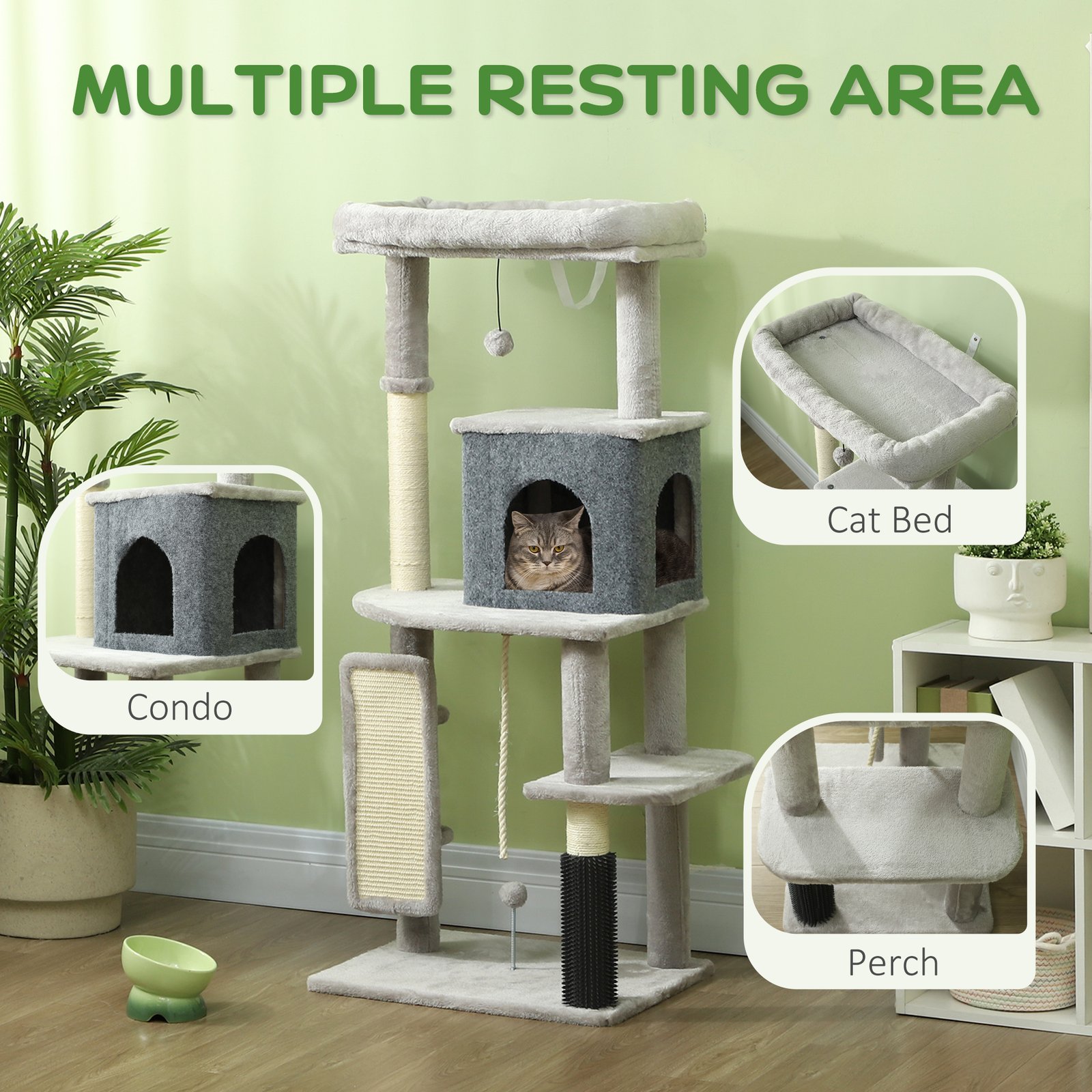 132cm Cat Tree w/ Scratching Posts, Pad, Cat Bed, Cat House, Jumping Platform, Grooming Brush, Anti-Tip Kit, Light Grey - Image 4