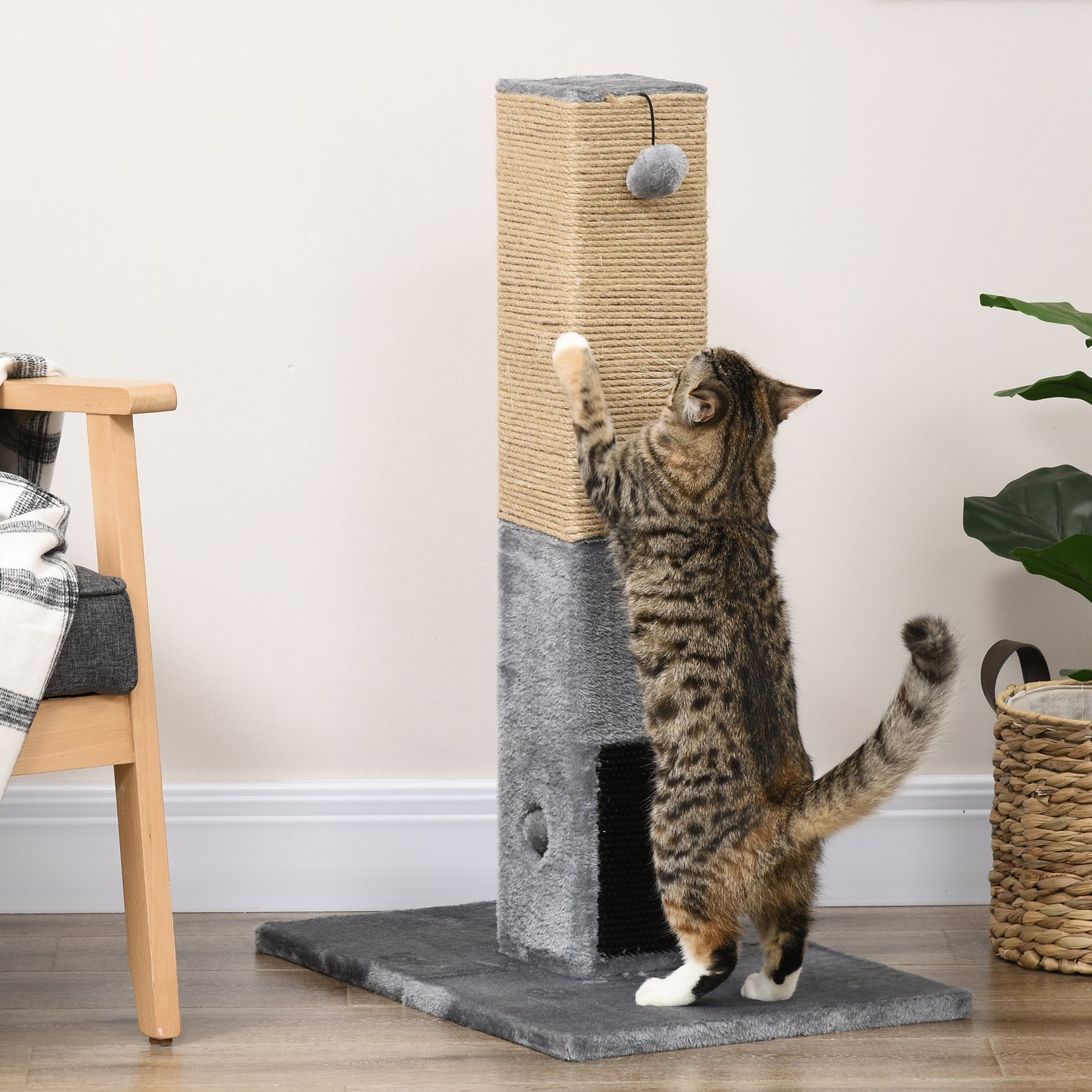 Cat Tree Scratching Post for Indoor Cats 79cm Jute Scratcher Climber w/ Carpet Base Dangling Toy – Grey - Image 9
