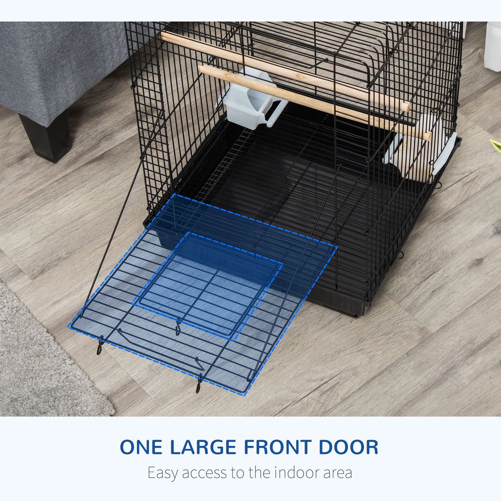Steel Bird Cage with Openable Top, Stand, Tray, Handles, Feeding Bowls for Parakeet Cockatiel - Black - Image 6