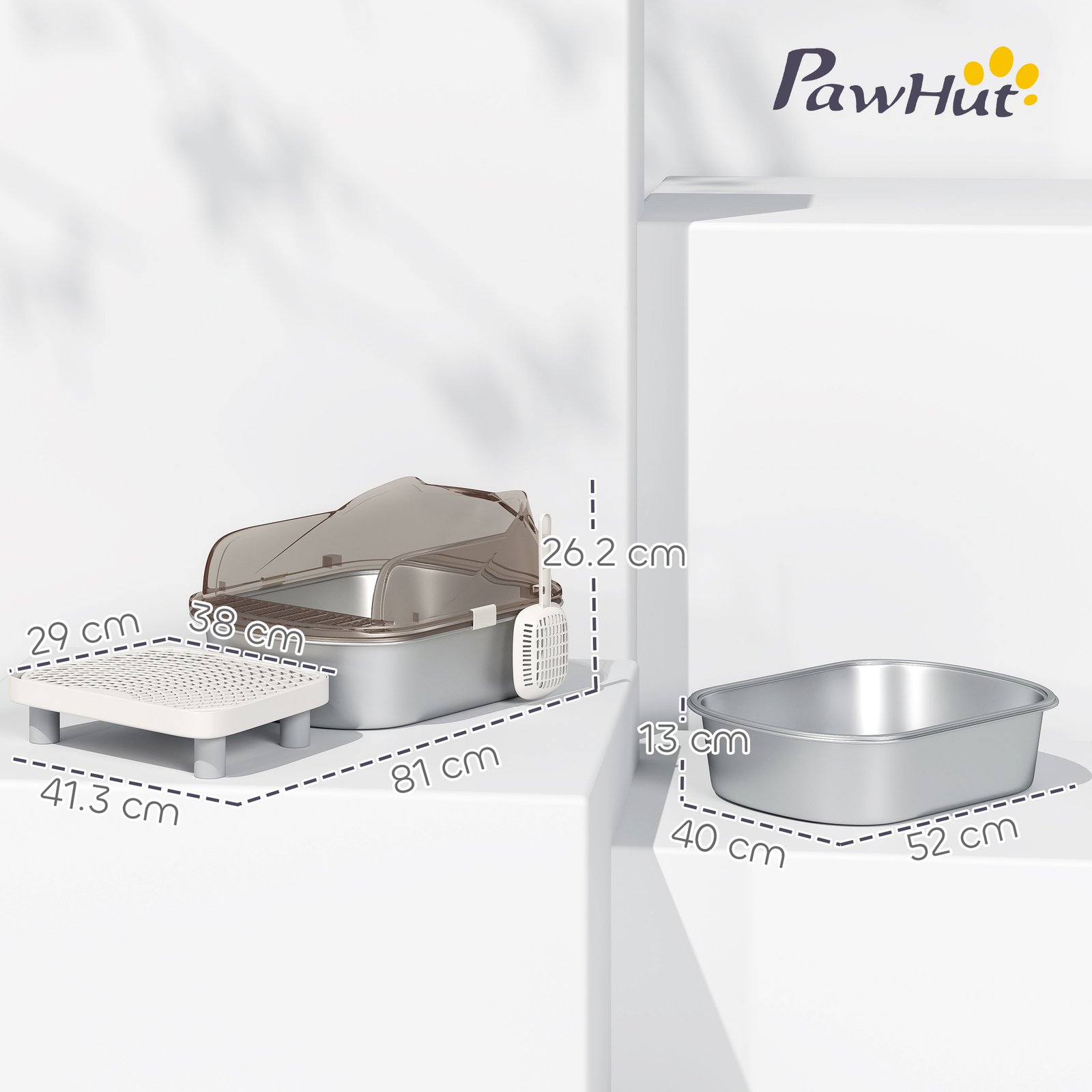 Stainless Steel Litter Box with Lid, High Wall Sided Enclosure, Pedal, Scoop, Non-Sticky, Anti-Leakage, Easy Cleaning