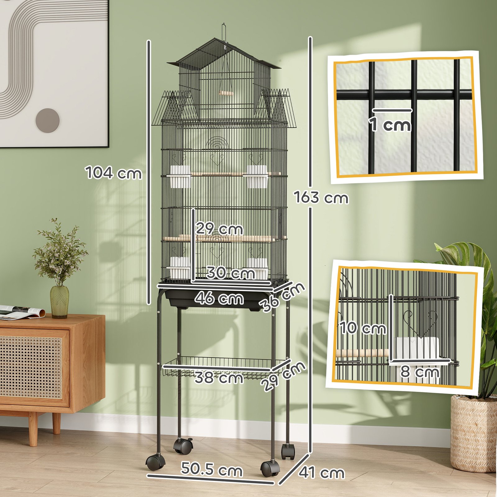 Metal Bird Cage with Plastic Swing, Perch, Food Container, Tray, Handle, for Finches, Canaries, Budgies, 43 x 32.5 x 163 - Image 3