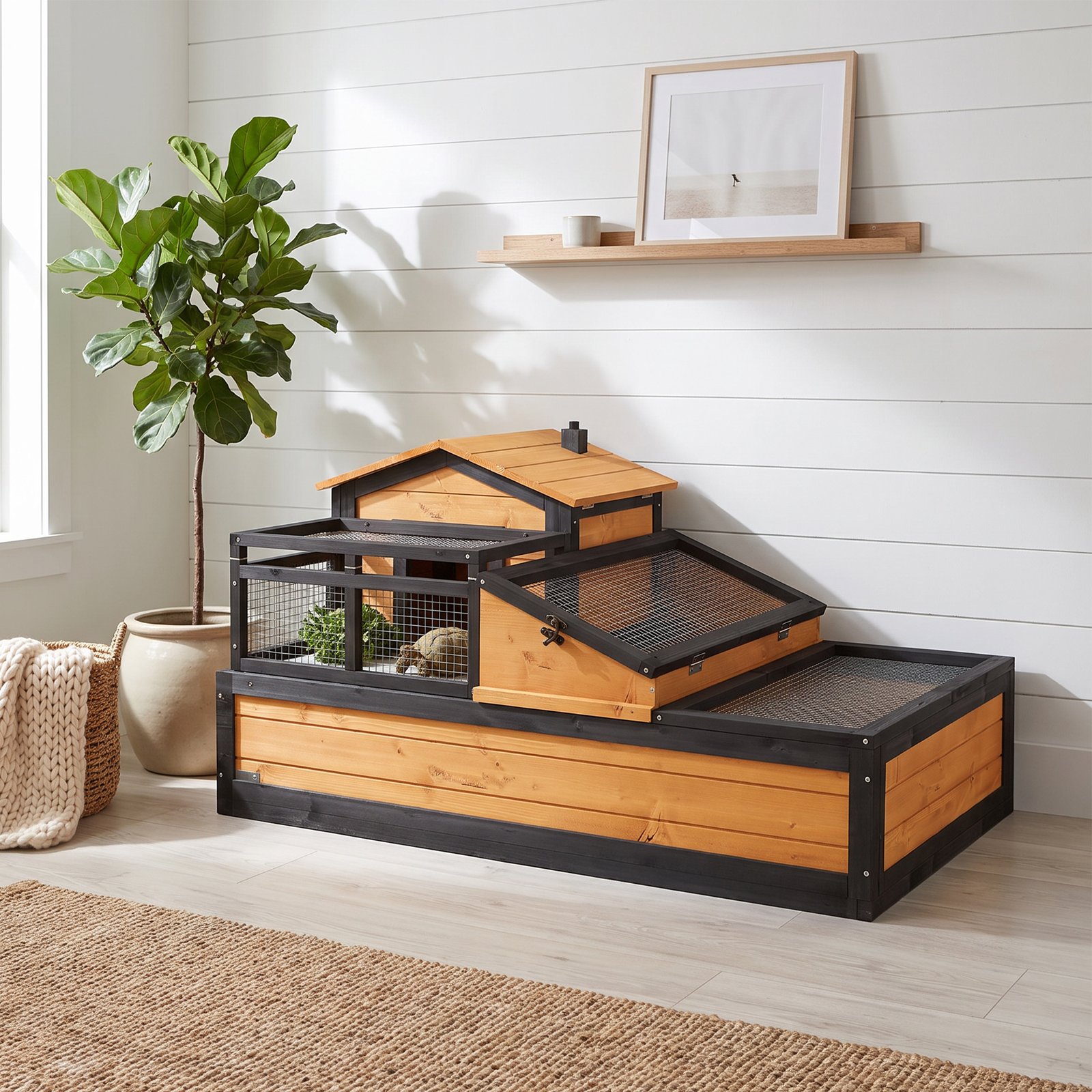 Wooden Tortoise House with Balcony, Tray, Roof, for Indoor and Outdoor, Yellow