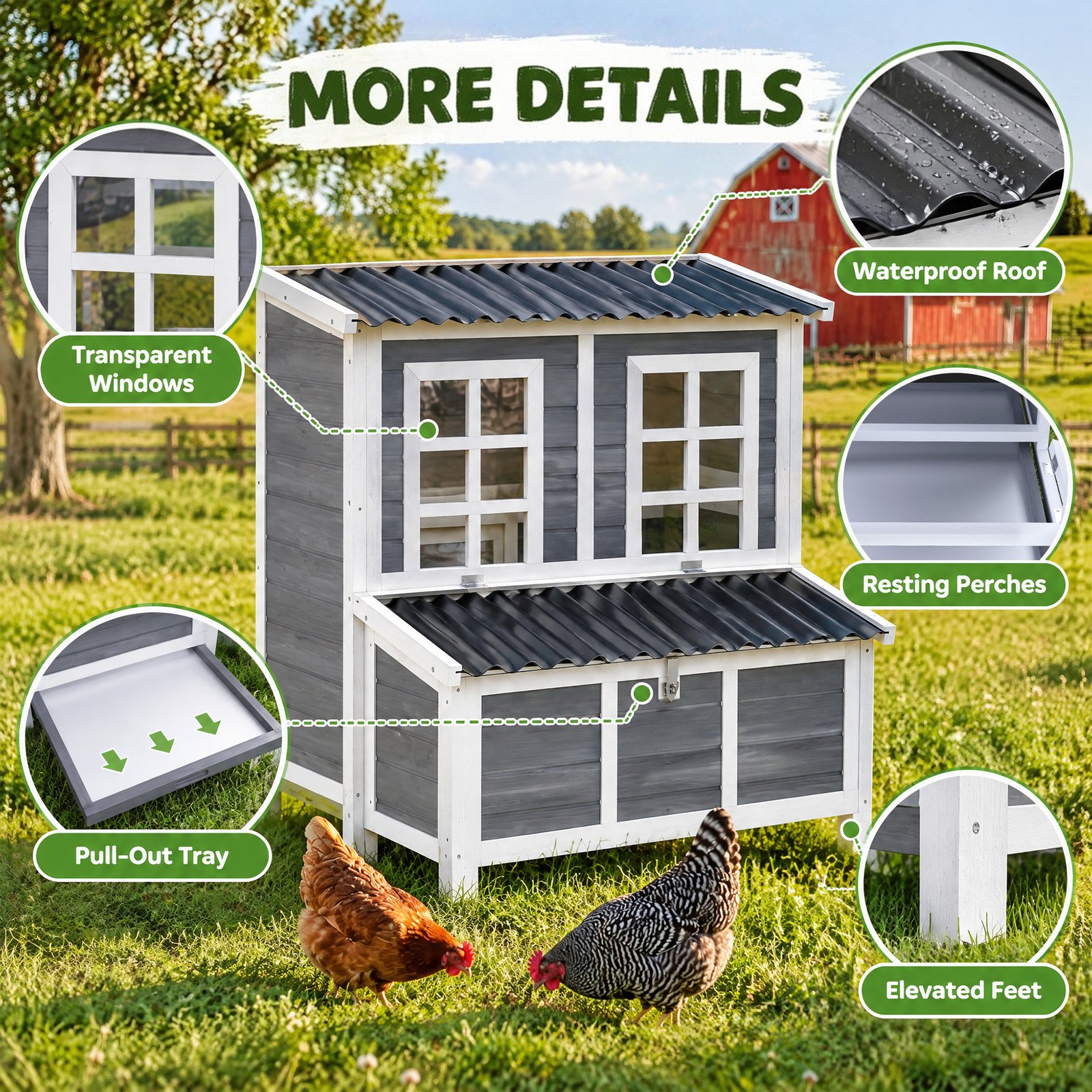 Wooden Chicken Coop with Nesting Box, Slide-Out Tray, Perches, for 2-4 Chickens, 100 x 86 x 100cm