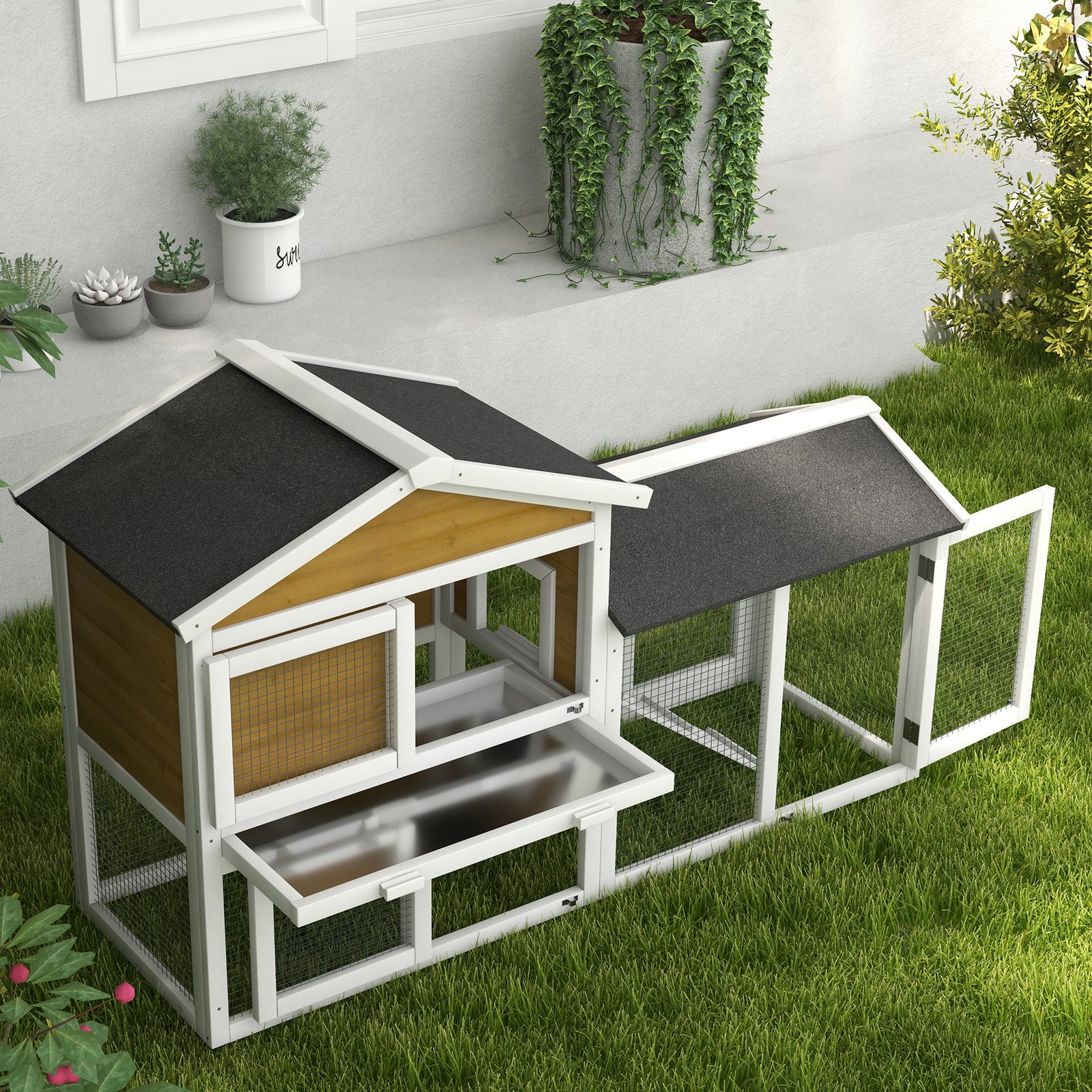 Wooden Rabbit Hutch Outdoor, Double Tier with Water-Resistant Roof, Ramp 147 x 54 x 84 cm, Yellow - Image 8