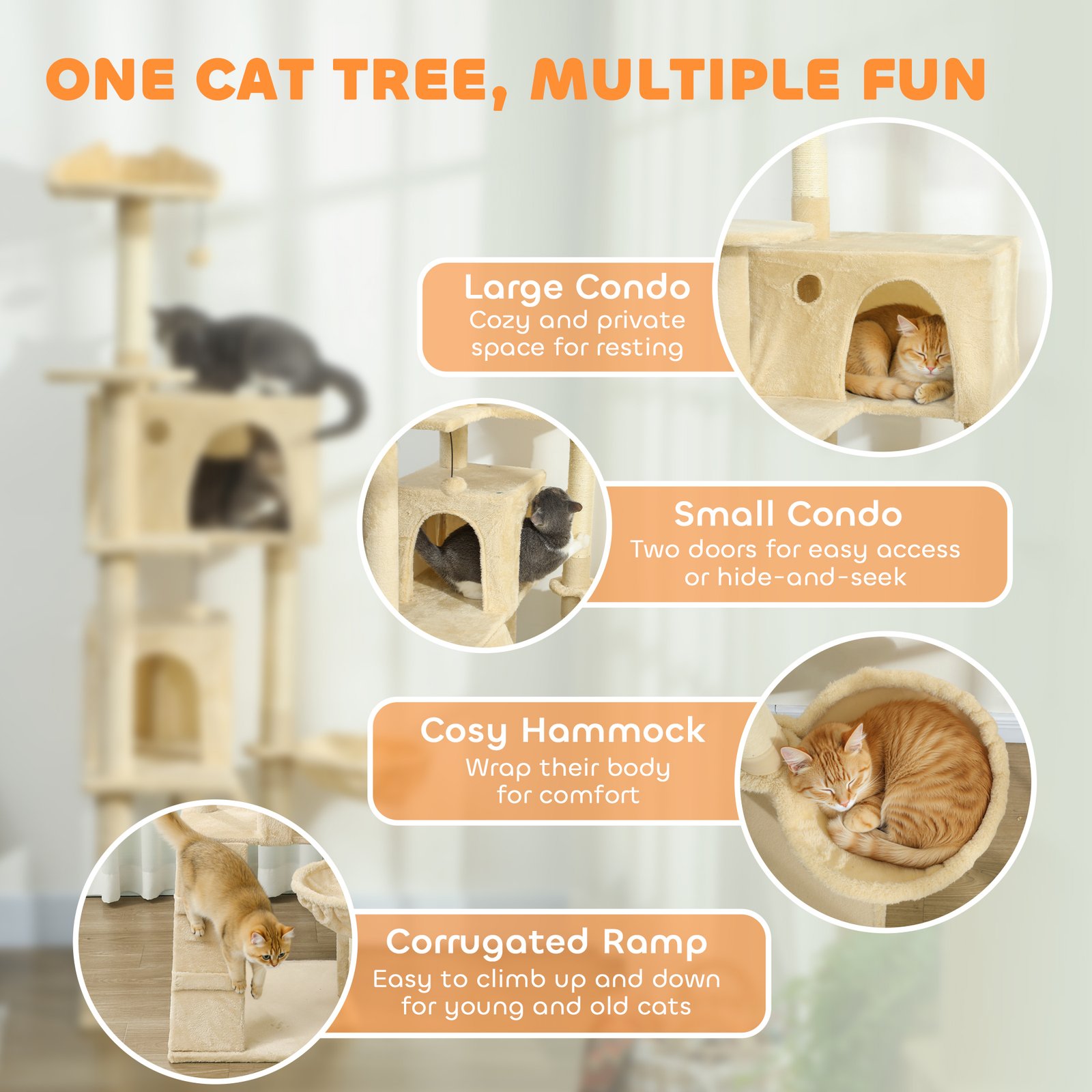 180cm Large Cat Tree Tower with Sisal Scratching Posts, Condos, Plush Perches, Hammock, Ladder, Beige
