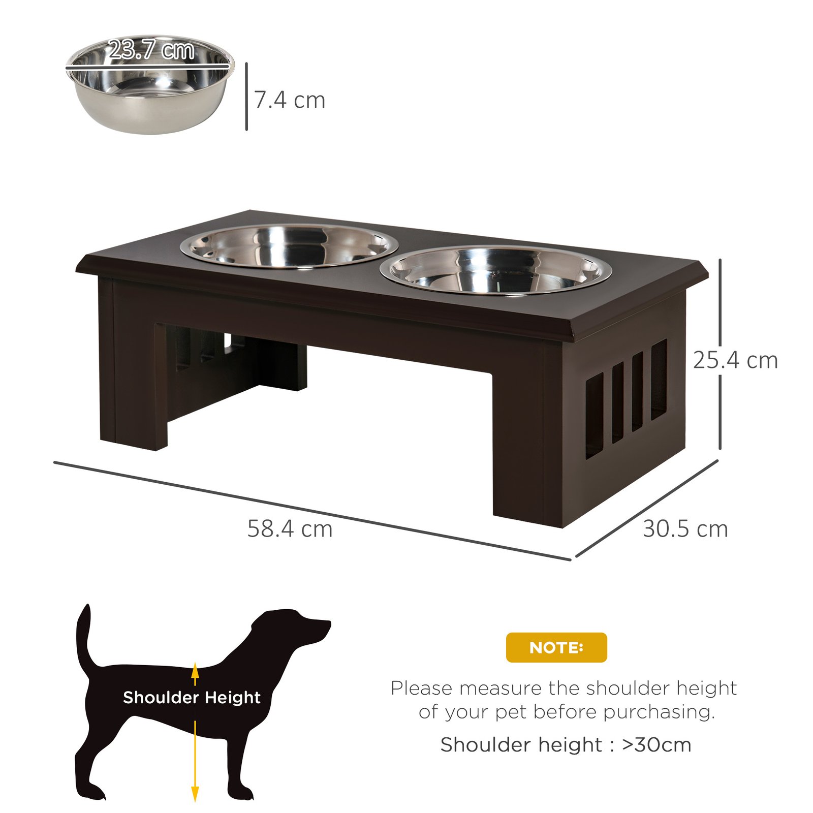 Raised Dog Feeding Bowls with Stand, Stainless Steel for Medium Dog, 58L x 31W x 25H cm - Brown - Image 3