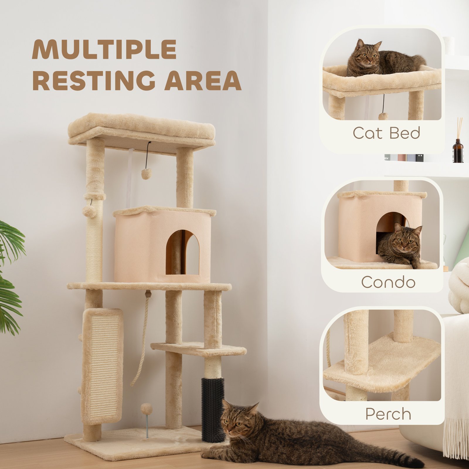 132cm Cat Tree w/ Scratching Posts, Pad, Cat Bed, Cat House, Jumping Platform, Grooming Brush, Anti-Tip Kit, Beige