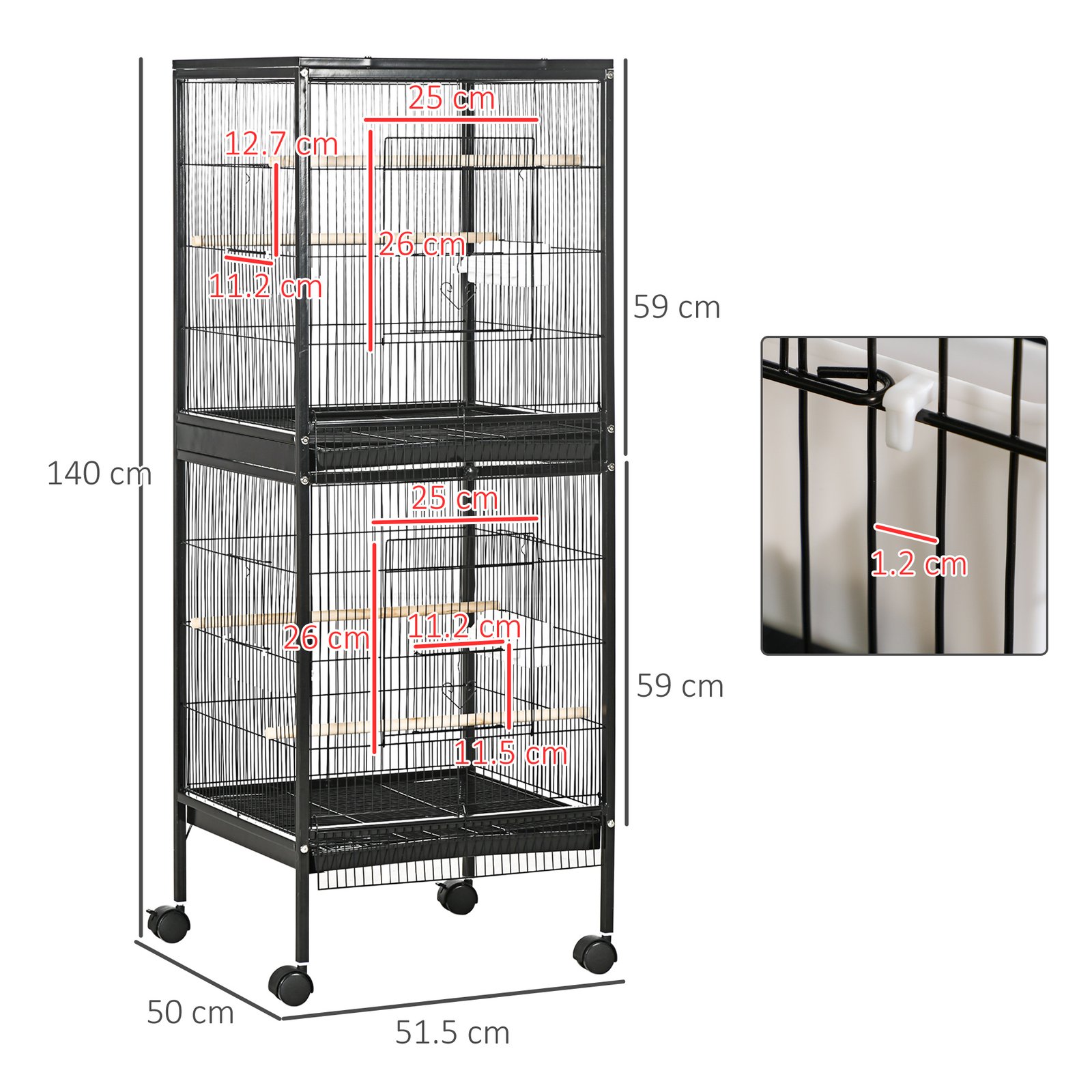 Bird Cage Budgie Cage 2 In 1 Large Aviary with Wheels Removable Trays for Finch Canaries Cockatiels Black