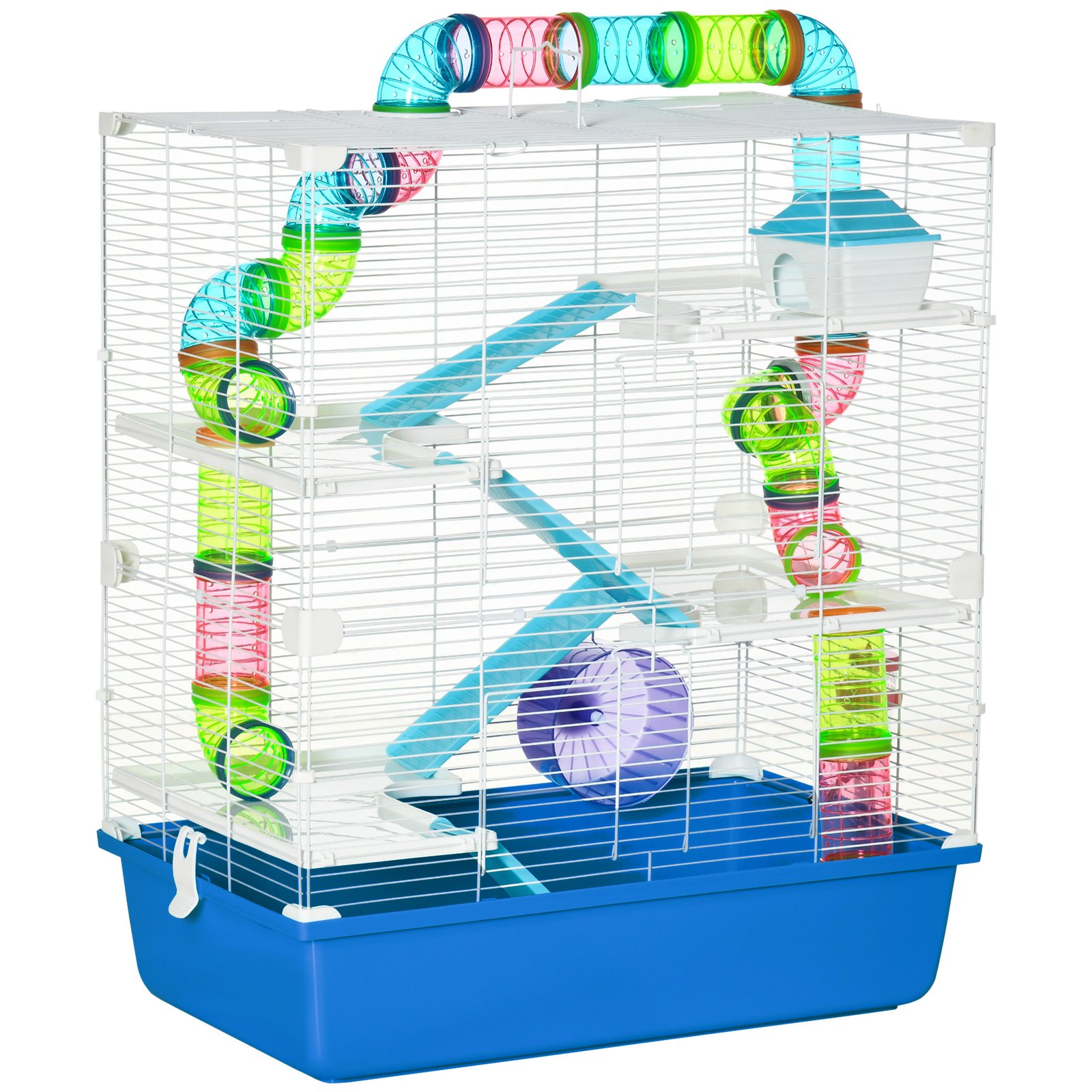 5 Tier Hamster Cage, Gerbil Cage with Exercise Wheel, Feeder Bowl, Tube, Water Bottle, 59L x 36W x 69H cm - Blue