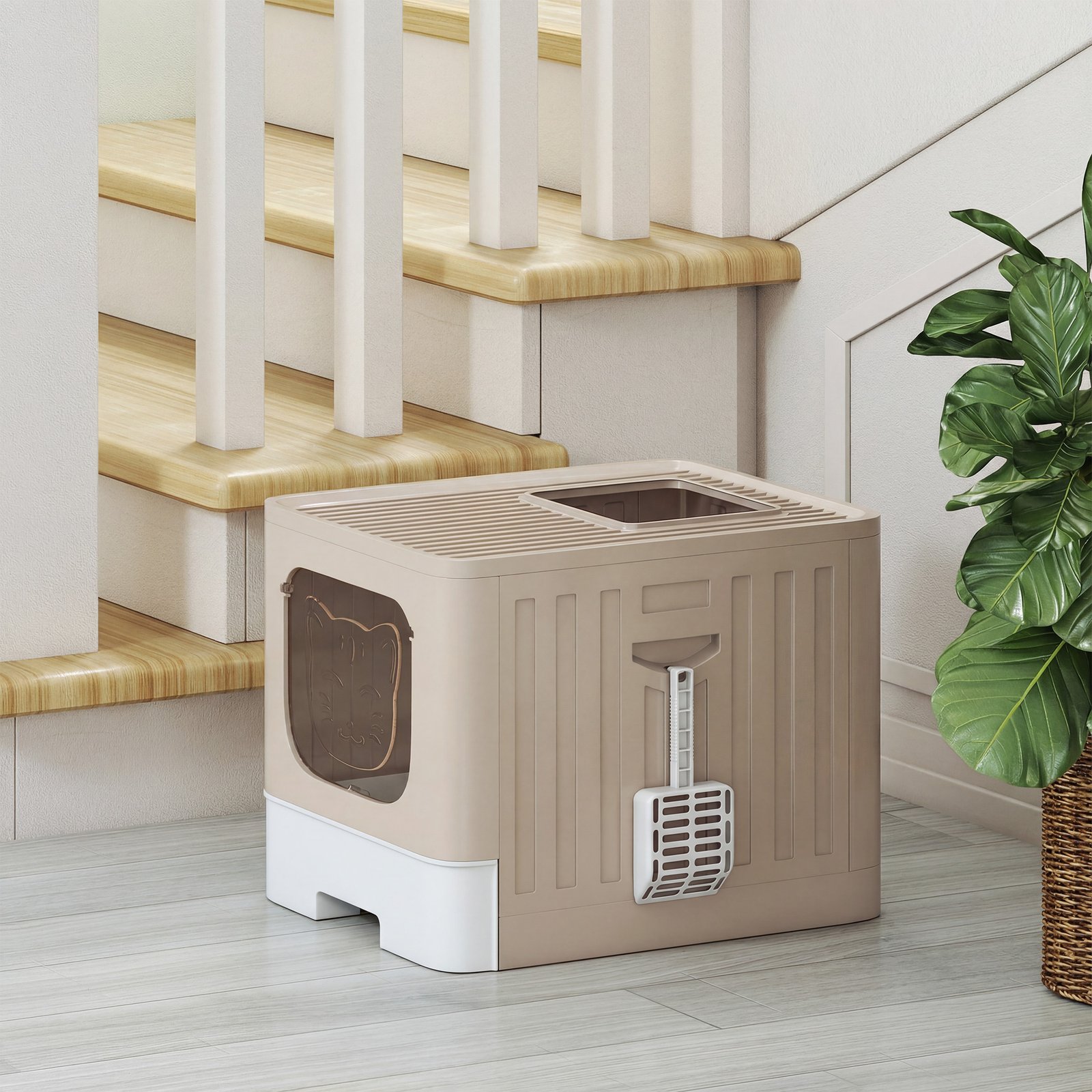Cat Litter Box with Lid, Slide-Out Drawer, Scoop, Easy Clean, Odour Control, Anti-Splashing, Khaki