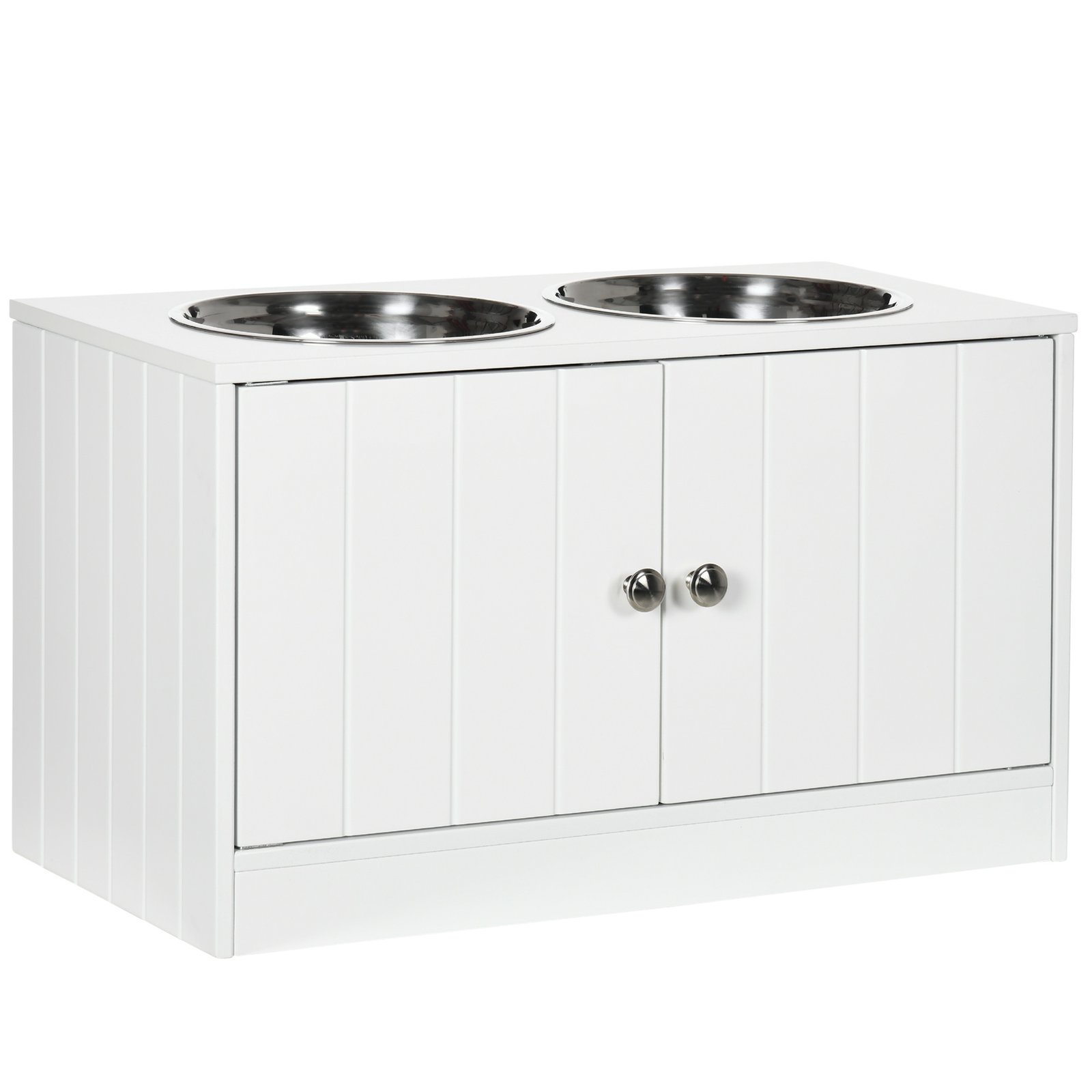 Raised Pet Feeder, with Two Bowls, Storage - White