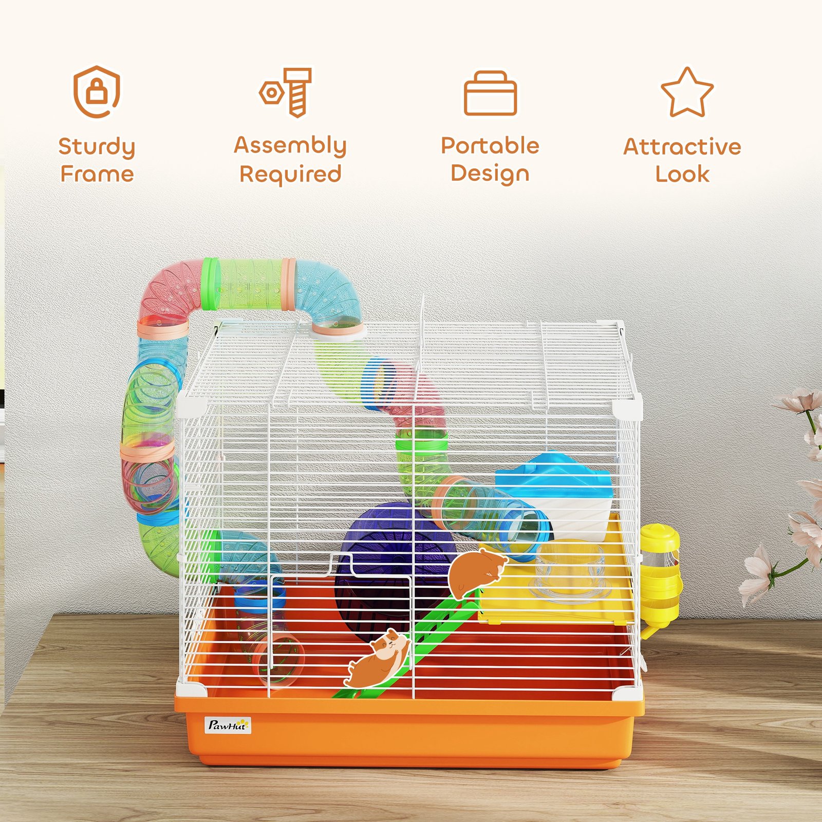 2 Tier Hamster Cage, Gerbil Cage with Handle, Exercise Wheels, Tunnel, Water Bottle, Dishes, Ladder, for Dwarf