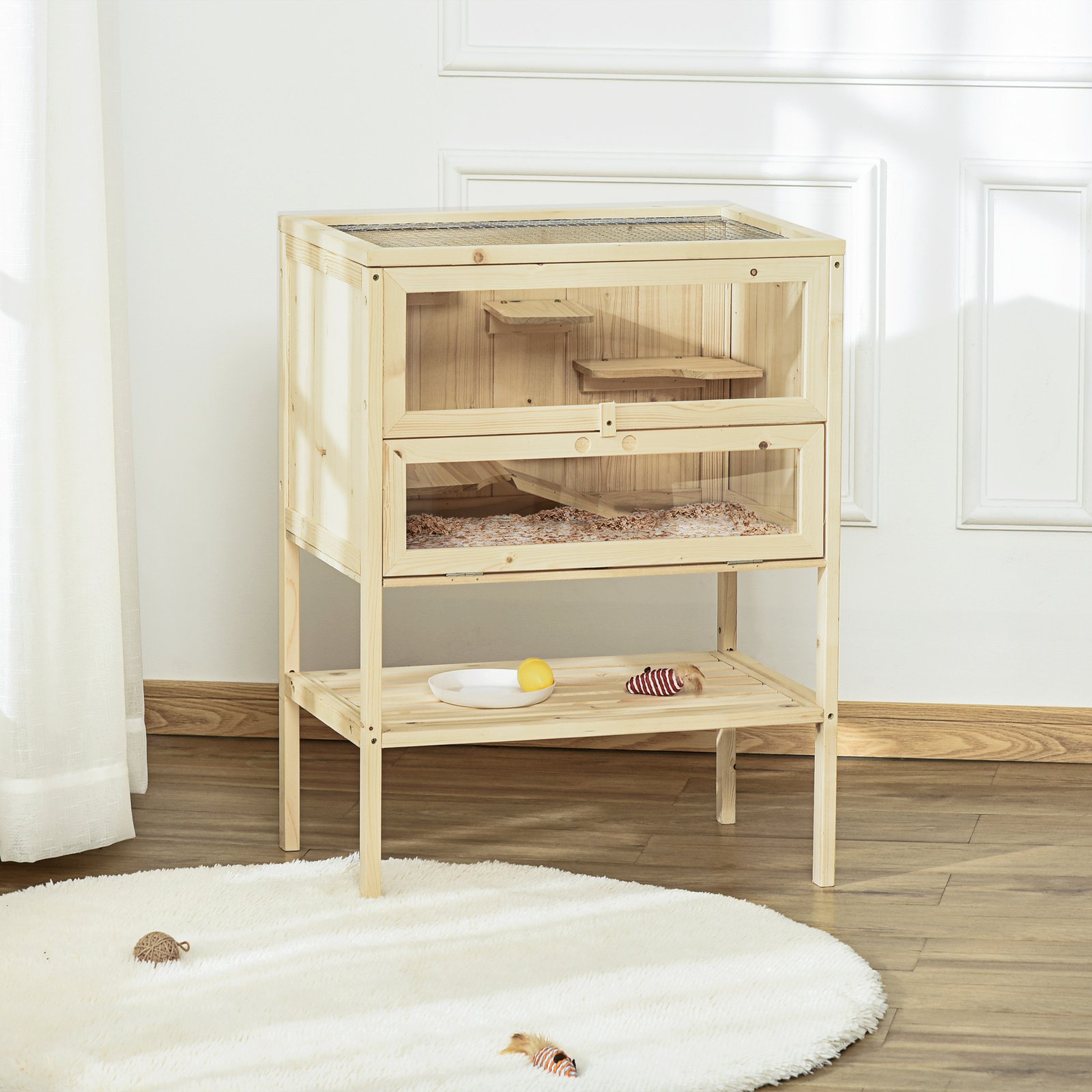 Wooden Hamster Cage with Storage Shelf, Small Animal Exercise Play Enclosure Gerbil Cage with Openable Top, Ramp for Gerbils, Drawf Hamsters, 60 x 40 x 80 cm - Natural
