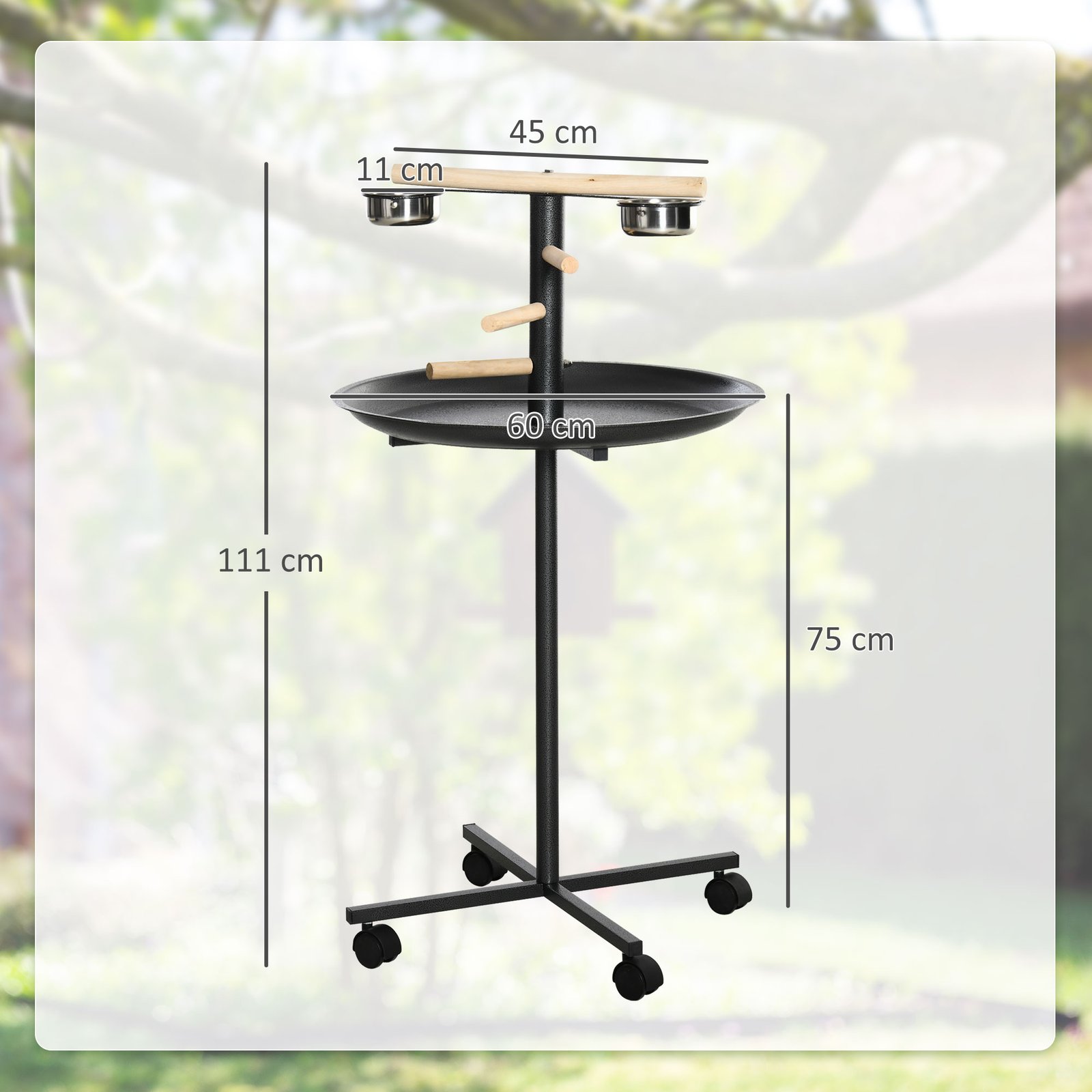 Parrot Perch Stand, Large Bird Play Stand, Metal Bird Table Feeder Station with Stainless Steel Bowls, Four Wheels, Round Tray, Black