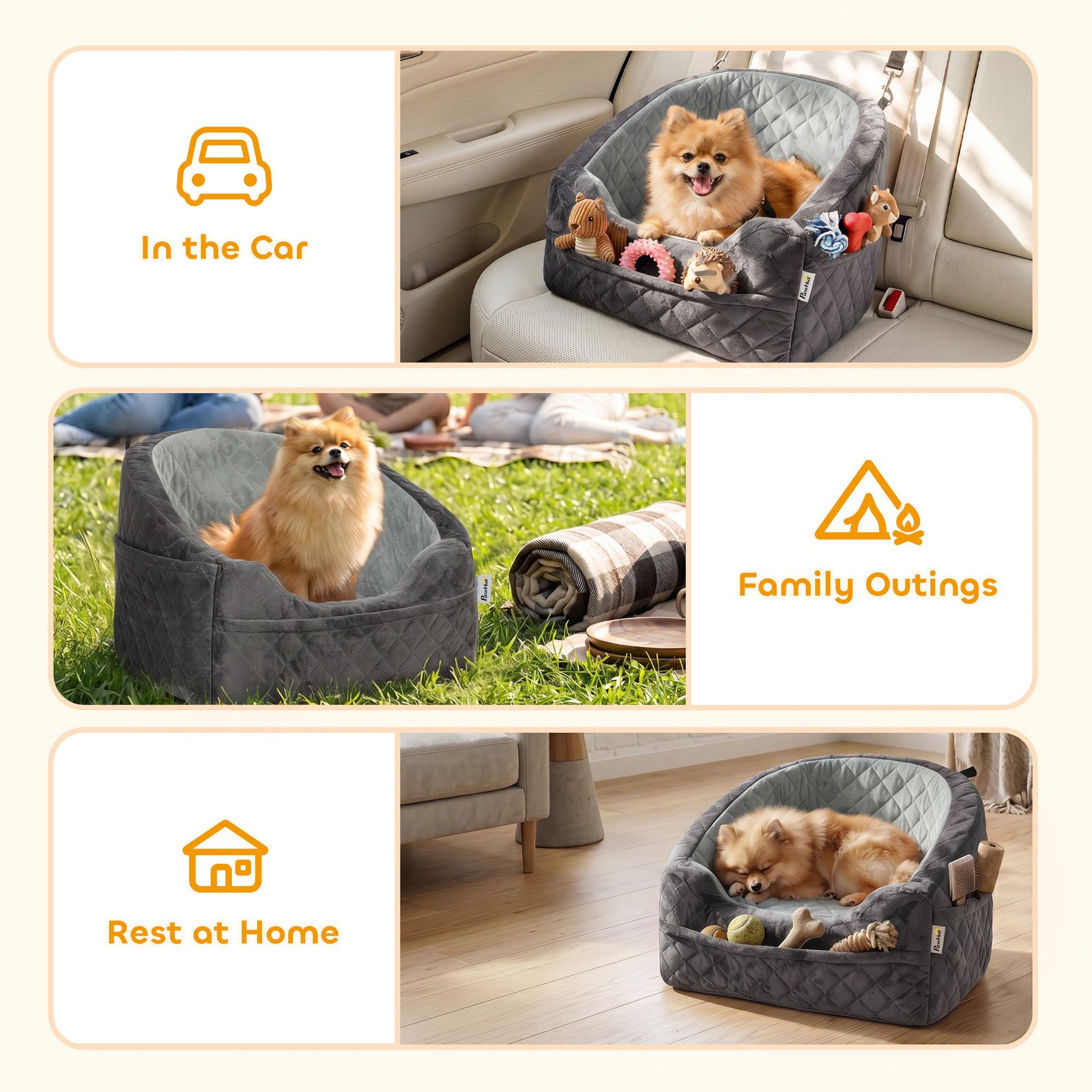 Dog Car Seat, Detachable Washable Dog Booster Seat with Thick Cushion, Seat Belt, Pockets for Small Under 10kg, Grey