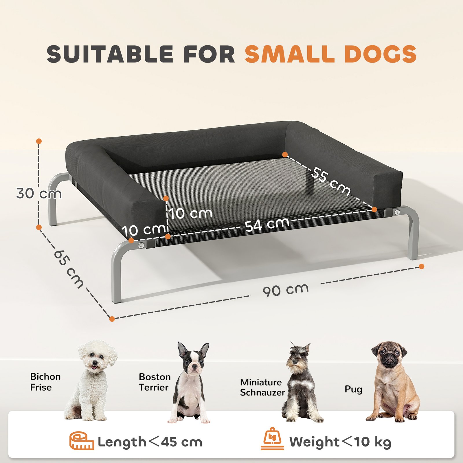 Elevated Dog Bed with Removable Bolsters, Raised Dog Bed for Small Breeds, Portable Indoor & Outdoor Pet Cots, Black