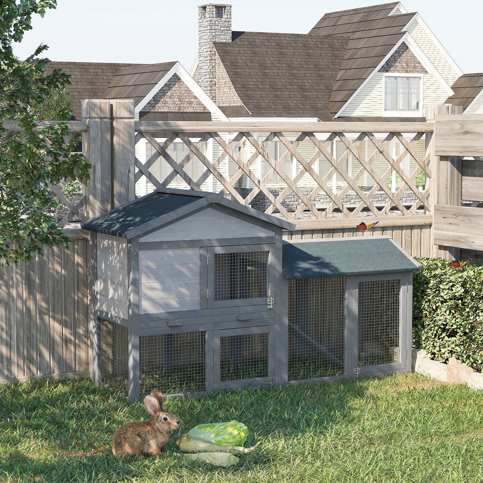 Wooden Rabbit Hutch Outdoor, Double Tier with Water-Resistant Roof, Ramp 147 x 54 x 84 cm, Grey - Image 9
