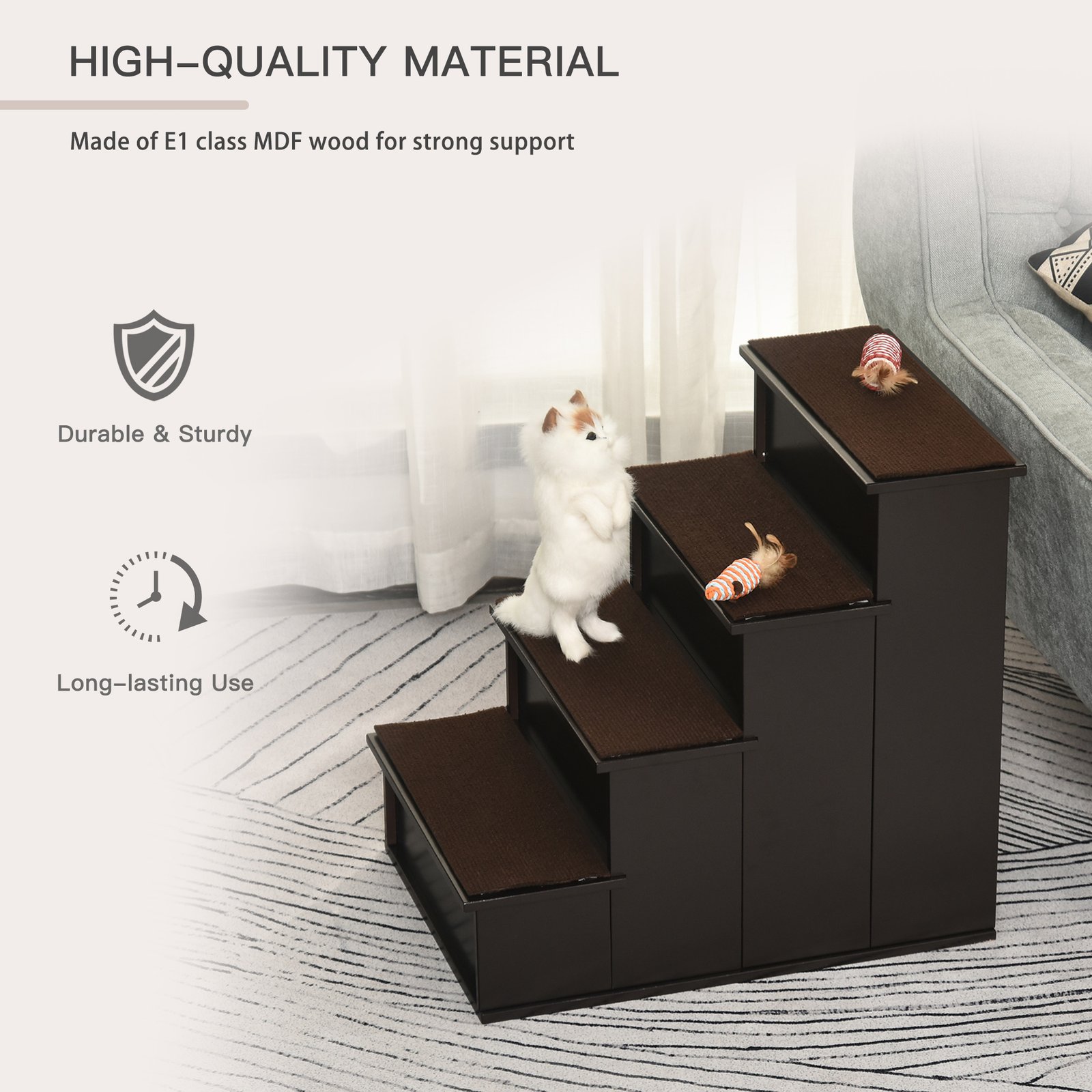 4 Step Dog Steps for Bed, Wooden Dog Steps for Sofa, Pet Stairs for Bed Couch with Non-Slip Carpet for Cats and Puppies, 40 x 59 x 54.2 cm, Dark brown