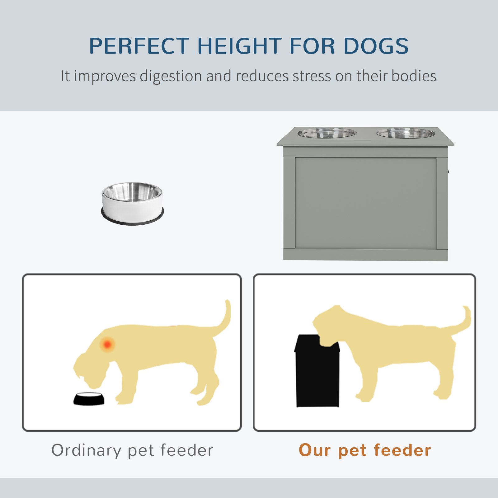 Raised Dog Bowls, with Storage, Two Stainless Steel Bowls, Elevated Base - Grey - Image 6