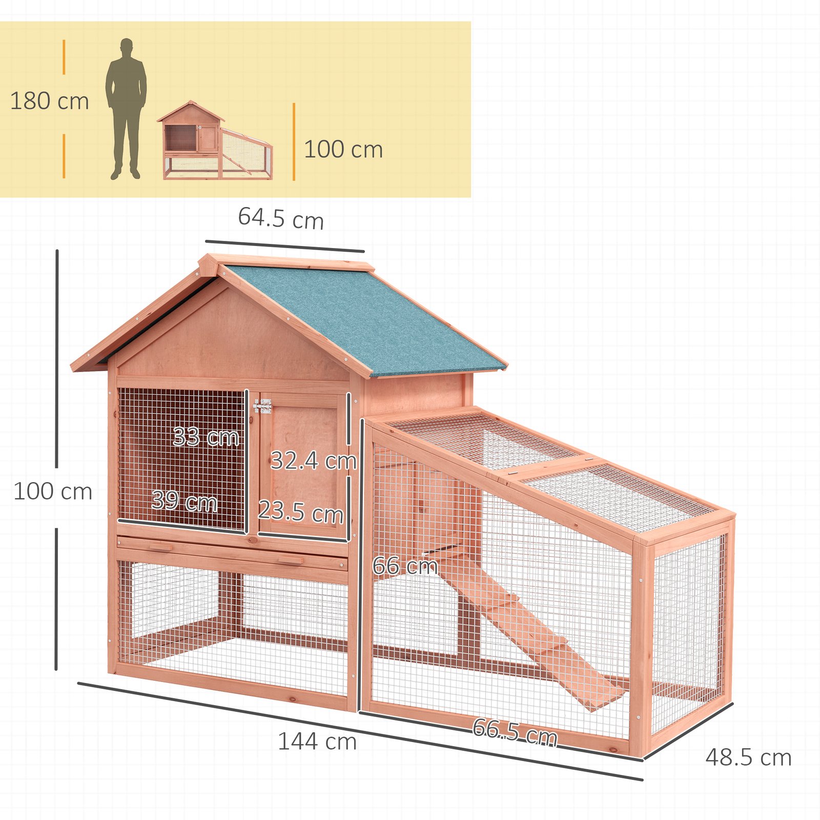2 Tier Rabbit Hutch Outdoor, Guinea Pig Hutch, Solid Wood Bunny House, Water Resistant Asphalt Roof Ramp Sliding tray 144 x 64.5 x 100 cm - Image 3