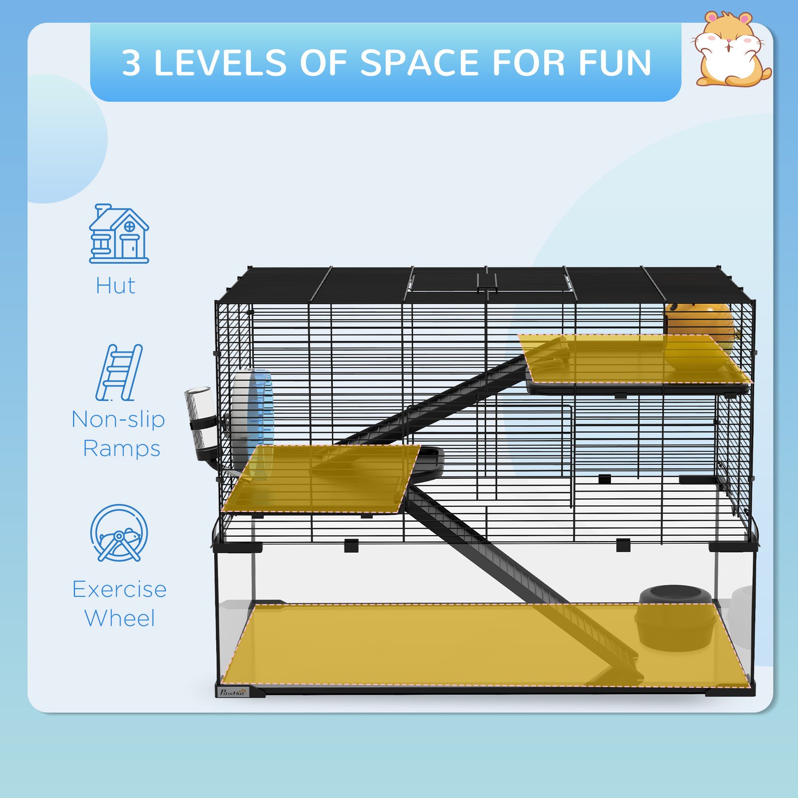 3 Tiers Hamster Cage, Gerbil Cage with Deep Glass Bottom, Non-Slip Ramps, Platforms, Hut, Exercise Wheels, Water Bottle, Dish, for Syrian Hamster, Dwarf Hamster, 76.5 x 48.5 x 54.5cm - Image 4