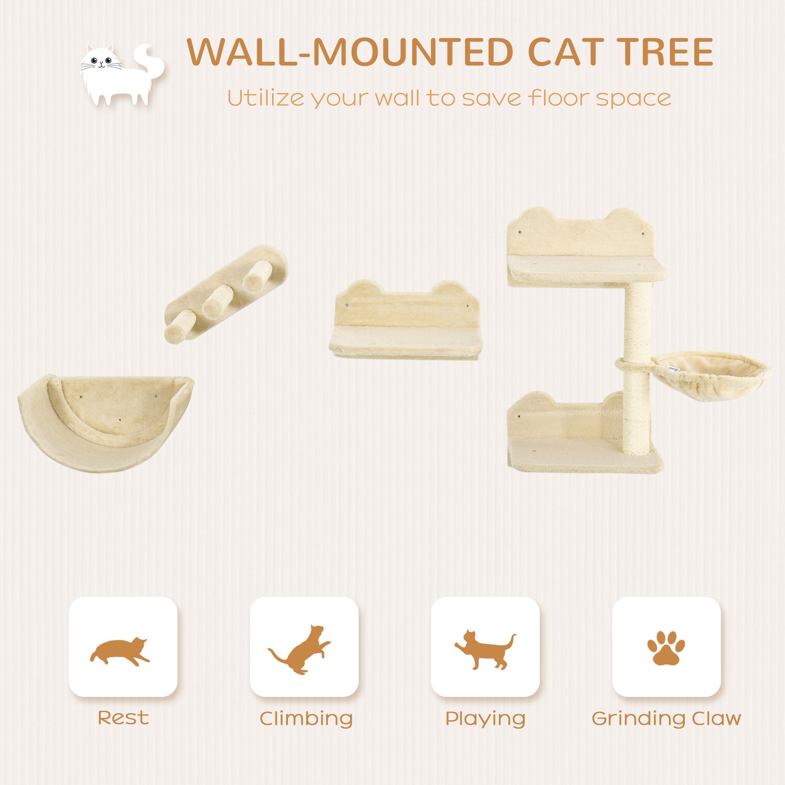 4PCs Wall-Mounted Cat Shelves w/ Scratching Post, Hammock, Nest - Beige