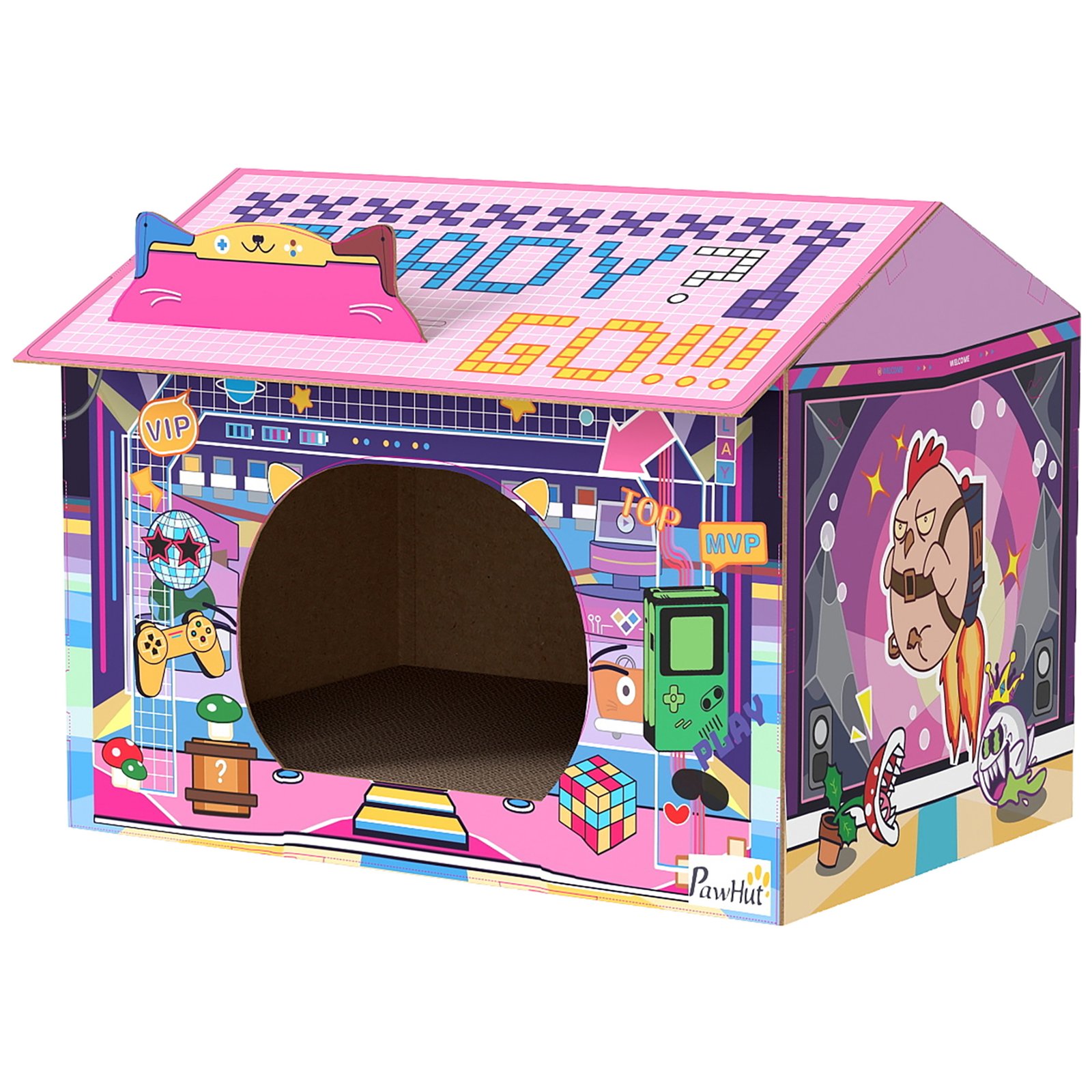 2 in 1 Gaming Style Cardboard Cat House with Scratching Board & Catnip for Indoor Cats, Pink