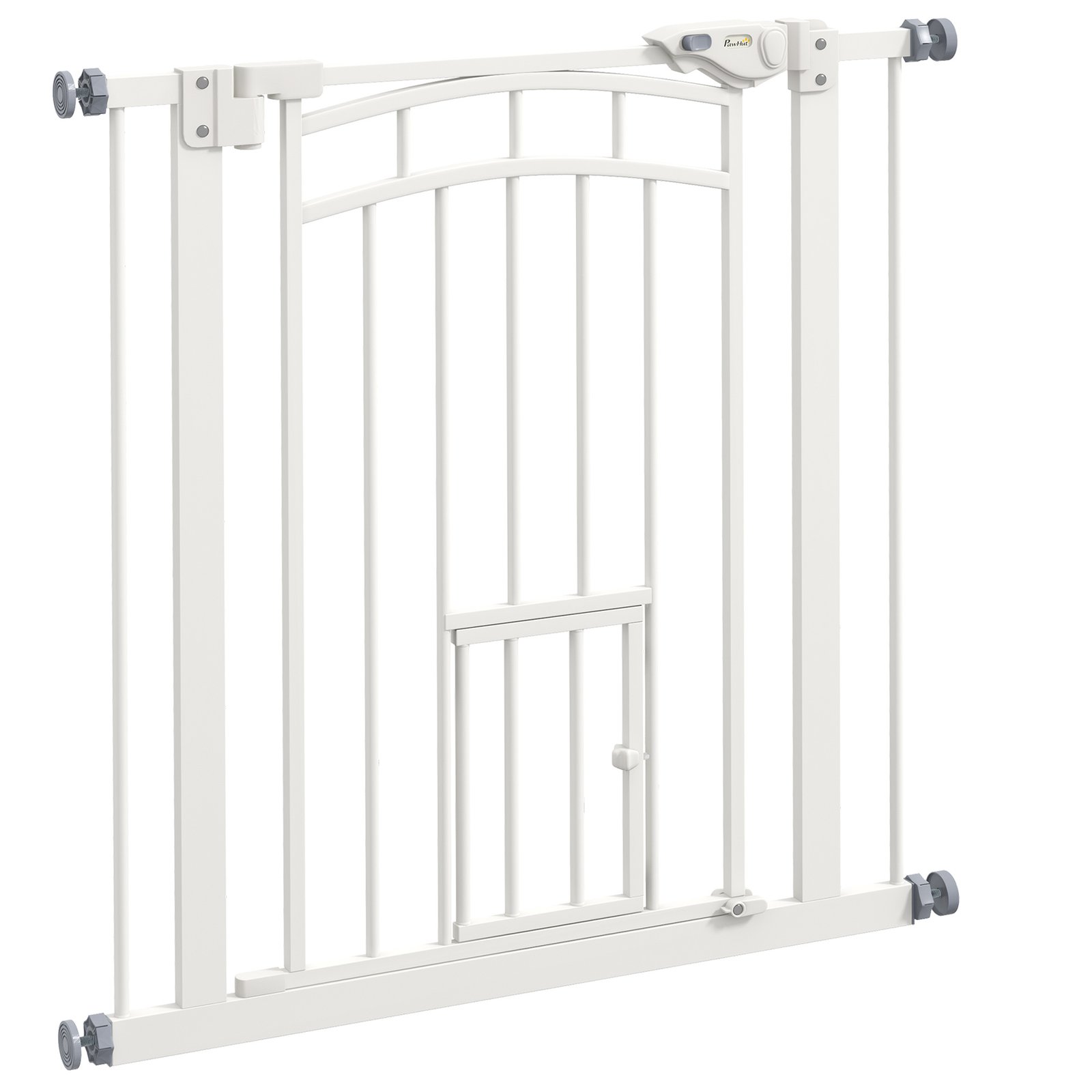 Pressure Fit Stair Gate, Dog Gate w/ Small Cat Door, Auto Closing System, Double Locking Openings, 74-80cm - White