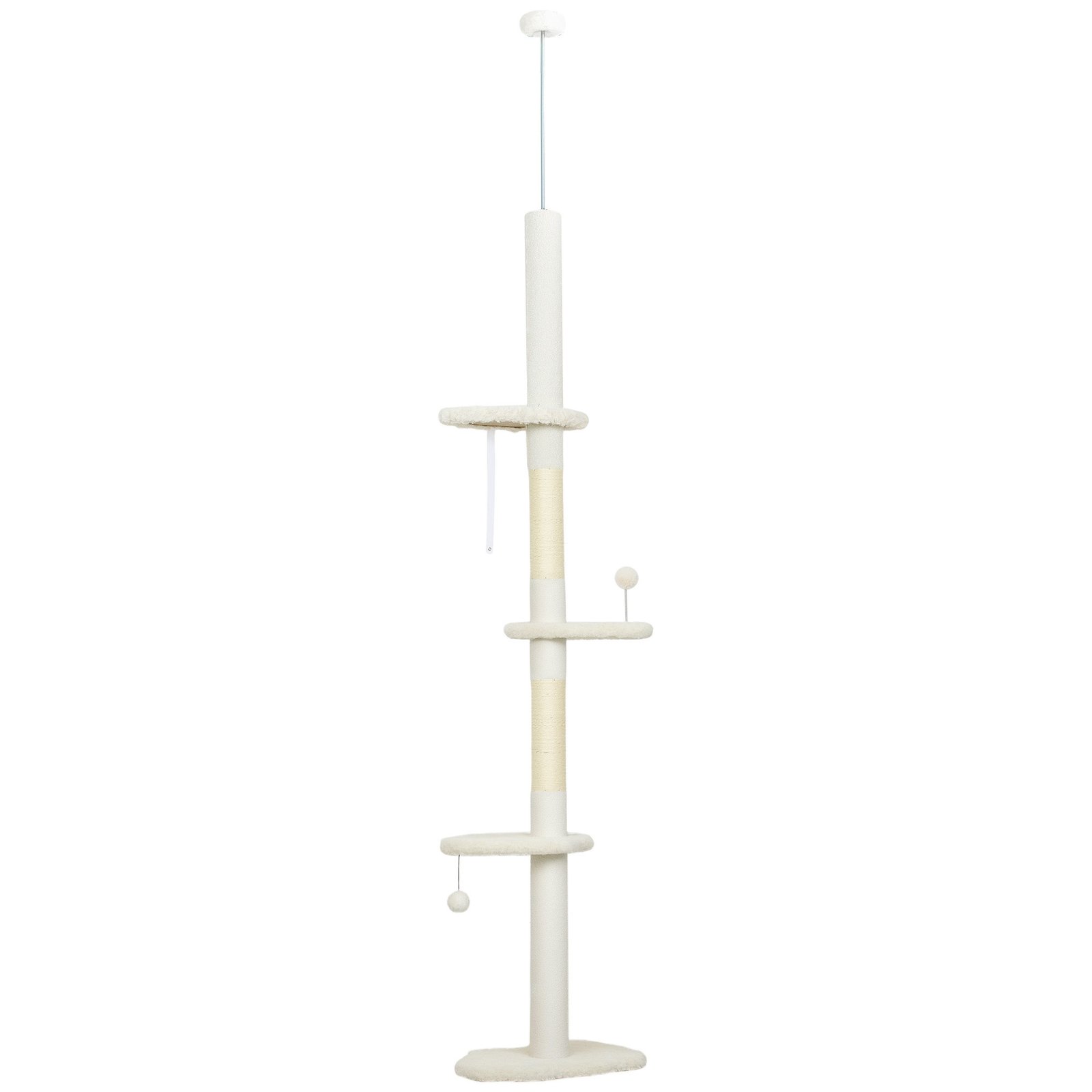 225-255 cm Adjustable Cat Climbing Tower with Sisal Scratching Posts, 2 Hanging Play Balls and Anti-Tip Strap, Beige