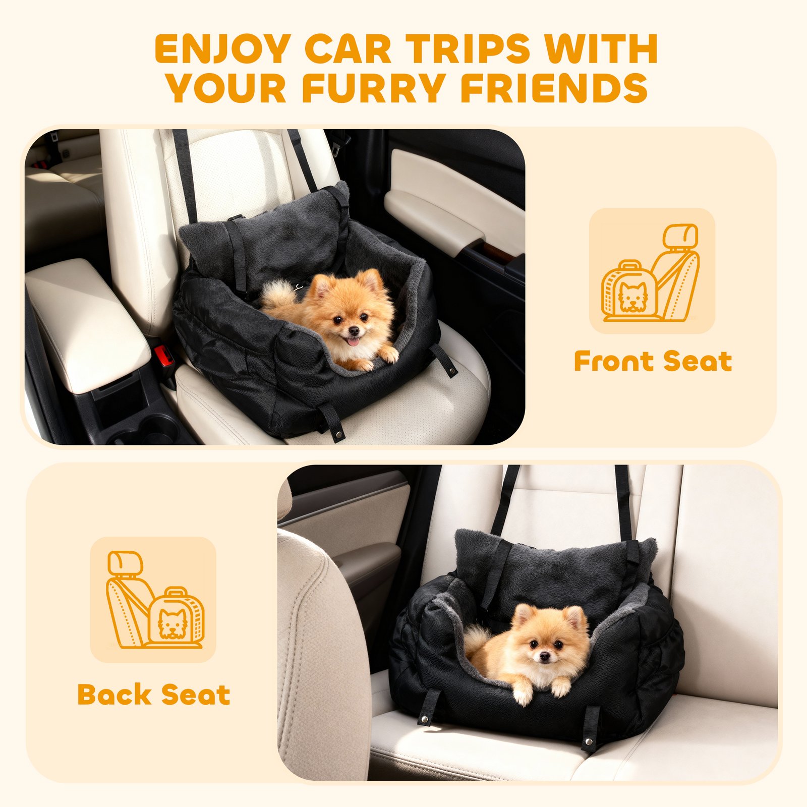 Dog Car Seat for Small Dogs with Fixed Buckle, Safety Leash, Washable Cover, 58 x 45 x 28 cm, Black