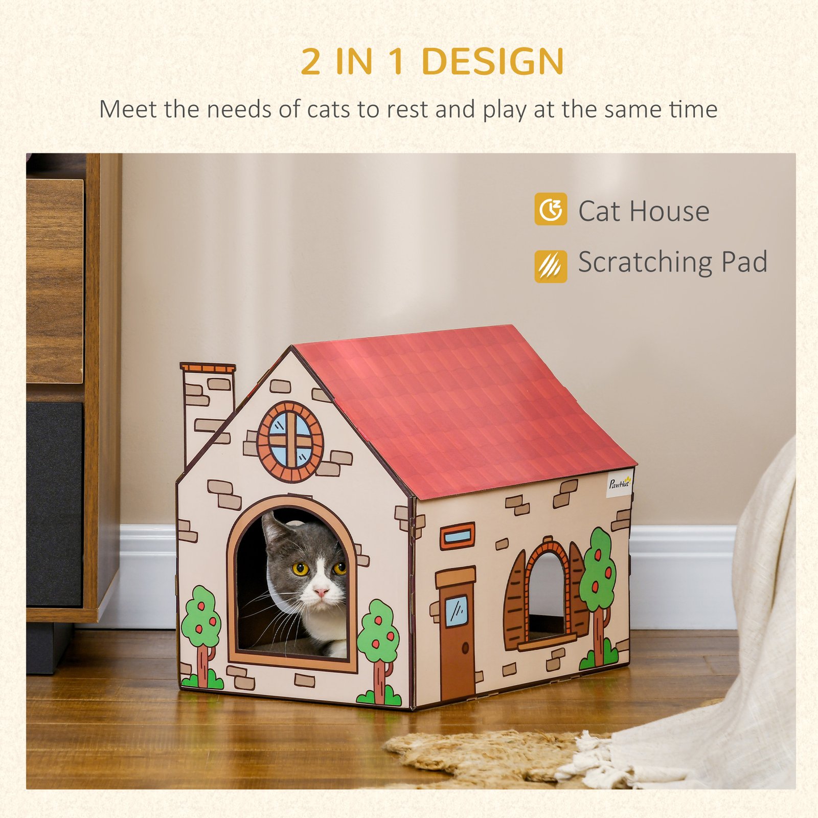 Two-In-One Cat House, Cat Scratching Board with Scratcher, Catnip, Cat Cardboard Scratcher for Indoor Cats - Image 4