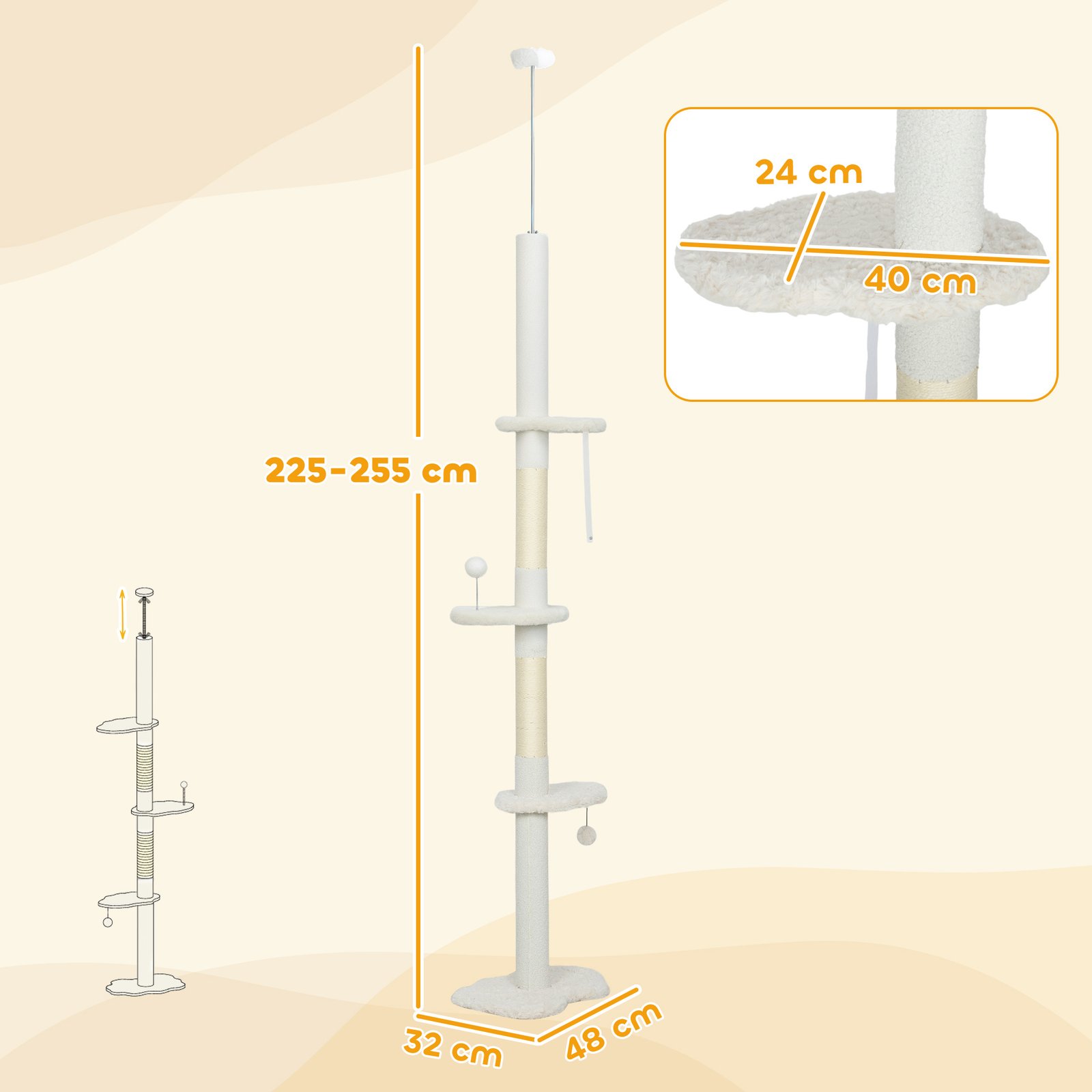 225-255 cm Adjustable Cat Climbing Tower with Sisal Scratching Posts, 2 Hanging Play Balls and Anti-Tip Strap, Beige