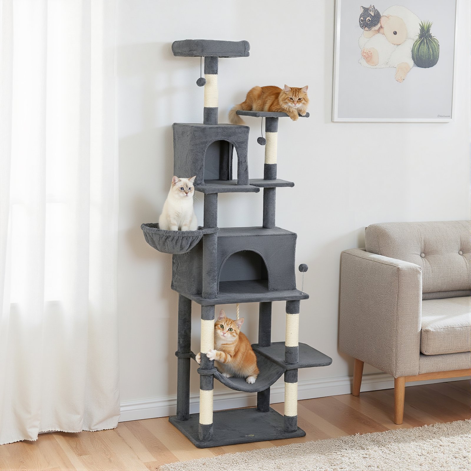 202cm Large Cat Tree with 6 Scratching Posts, 2 Hammocks, 2 Condos, 2 Perches, Pompoms, for Indoor Cats to Rest and Play