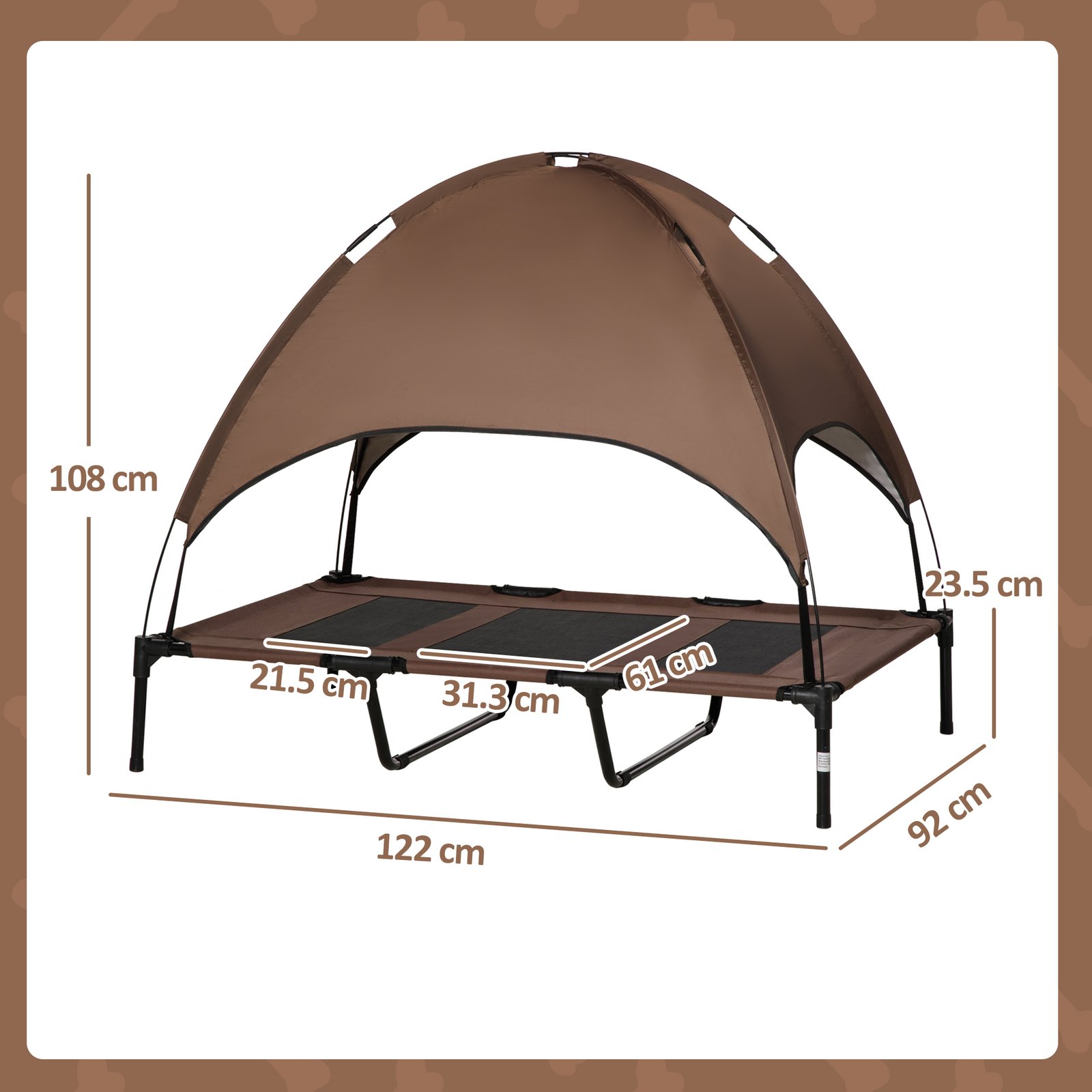 Outdoor Dog Bed with Removable Canopy, Portable Raised Dog Bed for Camping, Garden & Beach, Water-Resistant UV-Protection Mesh Pet Cot Sun Lounger, for XL Pets, 122 x 92 x 108 cm, Brown