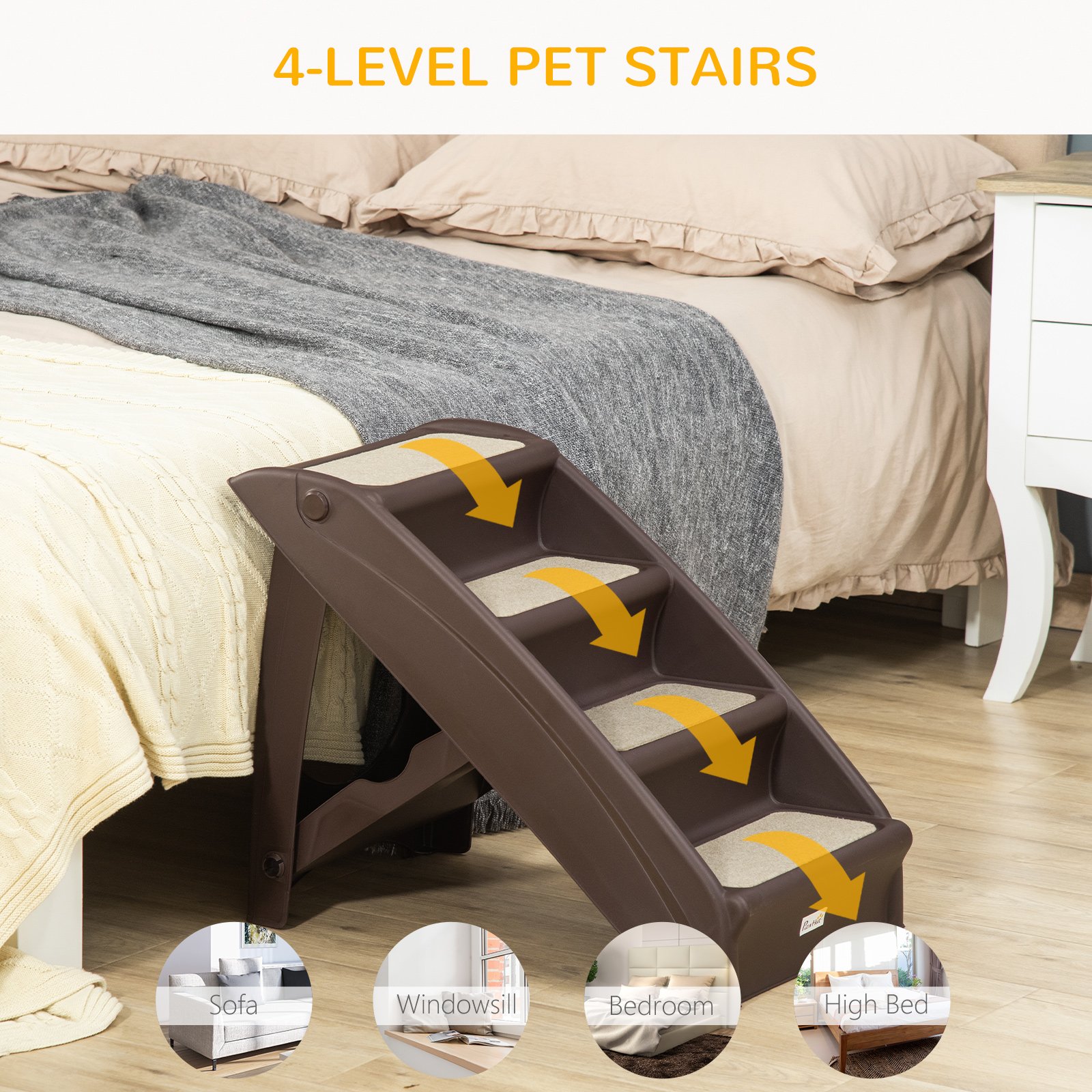 Foldable Four-Step Pet Stairs, for Cats, Small Miniature Dogs, with Non-Slip Mats 62 x 38 x 49.5cm - Brown