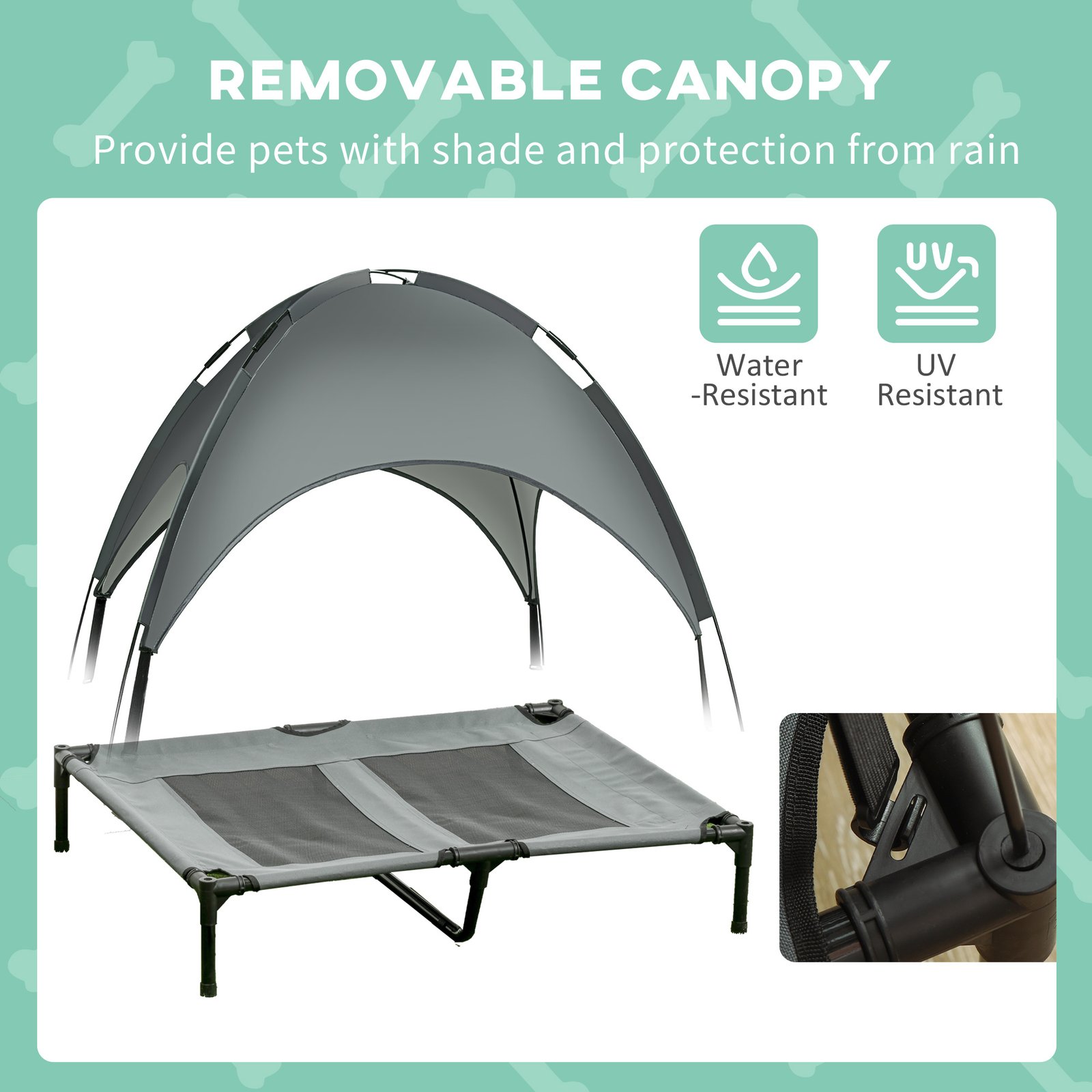 Outdoor Dog Bed with Removable Canopy, Portable Raised Dog Bed for Camping, Garden & Beach, Water-Resistant UV-Protection Mesh Pet Cot Sun Lounger, for Large Pets, 92 x 76 x 90 cm, Grey