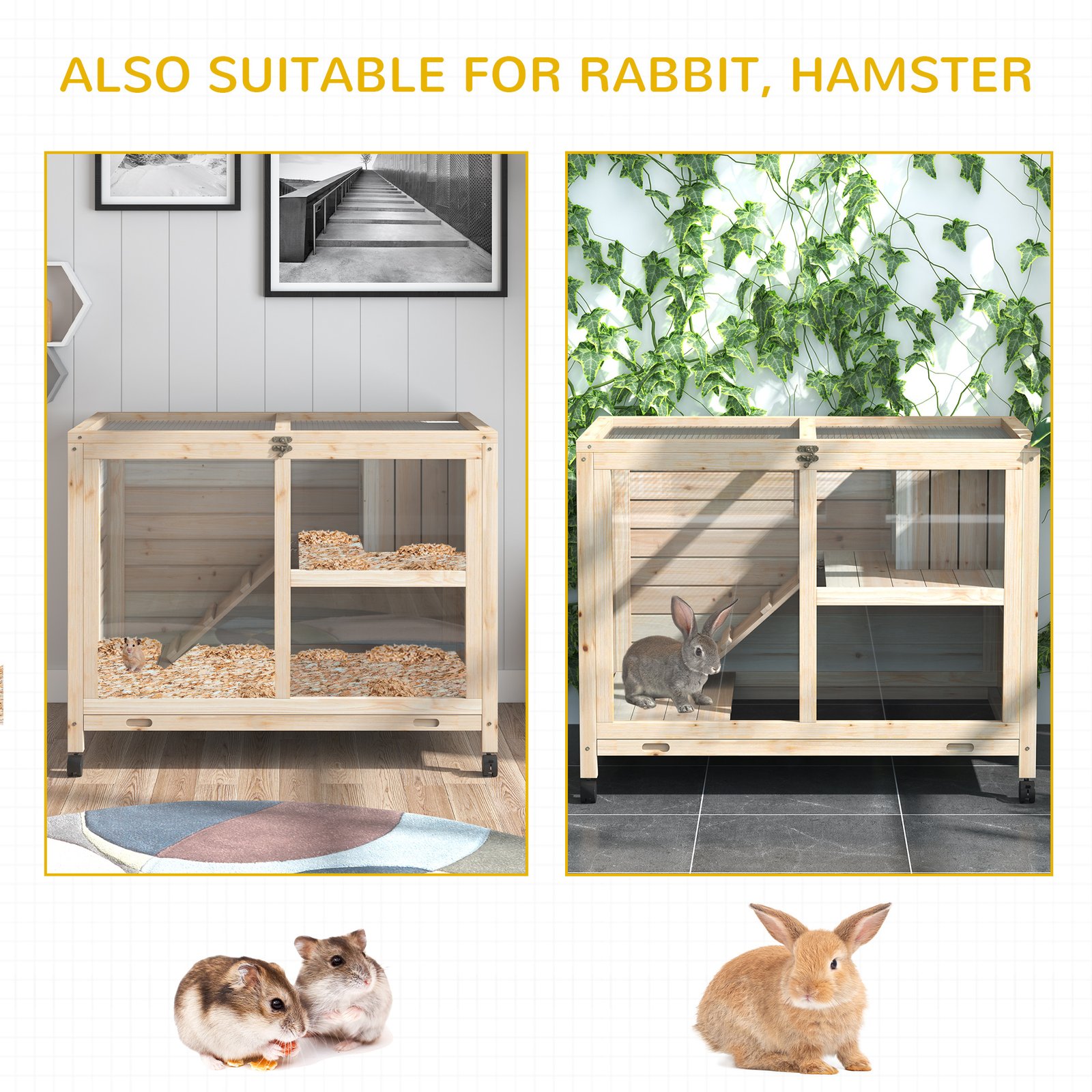 Rabbit Hutch Indoor with Wheels, Wooden Guinea Pig Hutch Hamster Cage, 2 Layers Bunny Cage with Openable Roof, Transparent Panel, 91.5 x 53.3 x 73 cm, Natural