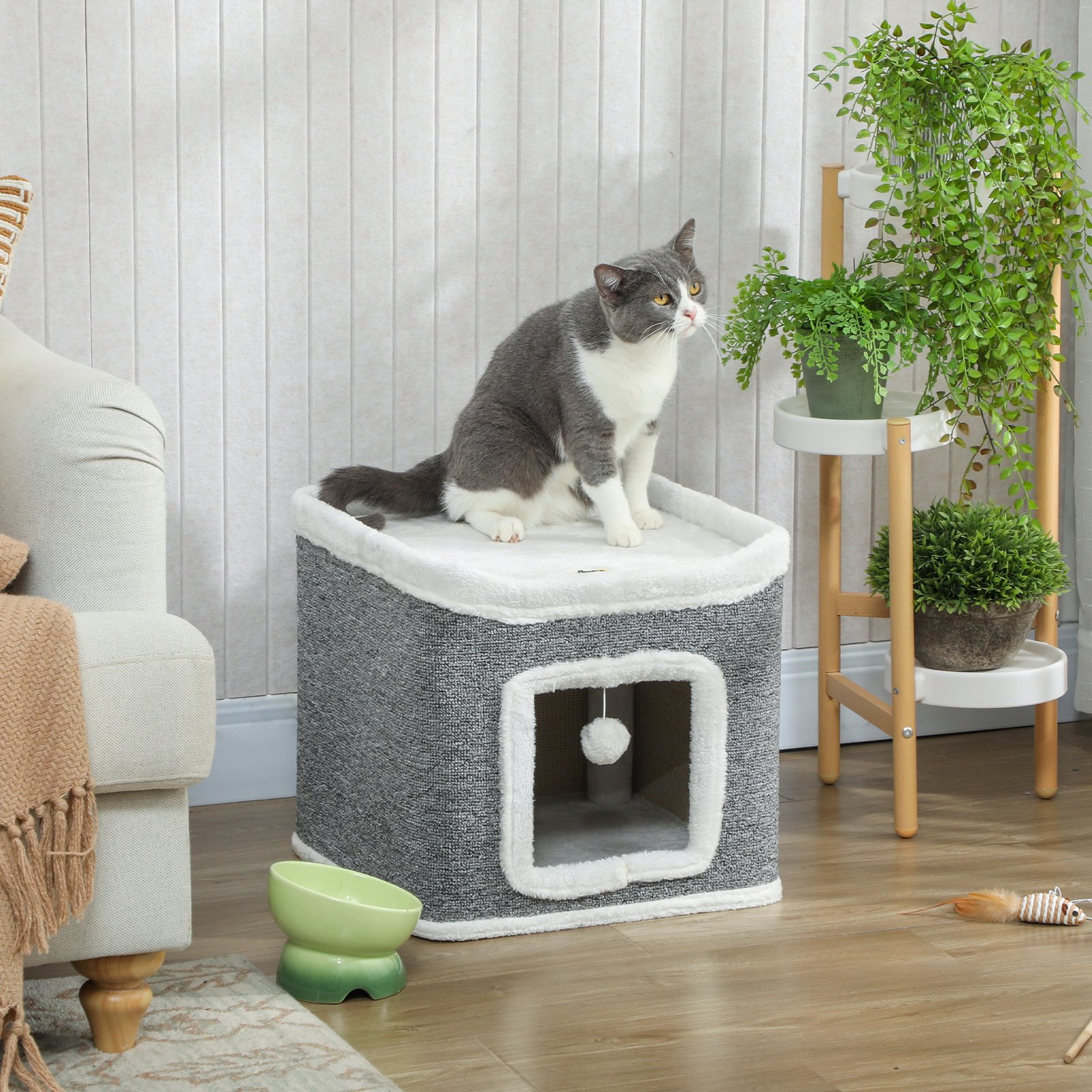 Cat House for Indoor Kittens, 2-Level Cat Cave Bed with Fluffy Balls, Top Bed, Kitten Barrel for Multi Kitties, Grey - Image 9