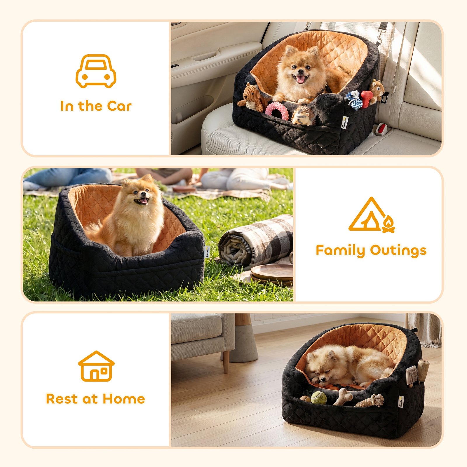 Dog Car Seat, Detachable Washable Dog Booster Seat with Thick Cushion, Seat Belt, Pockets for Small Under 10kg, Brown