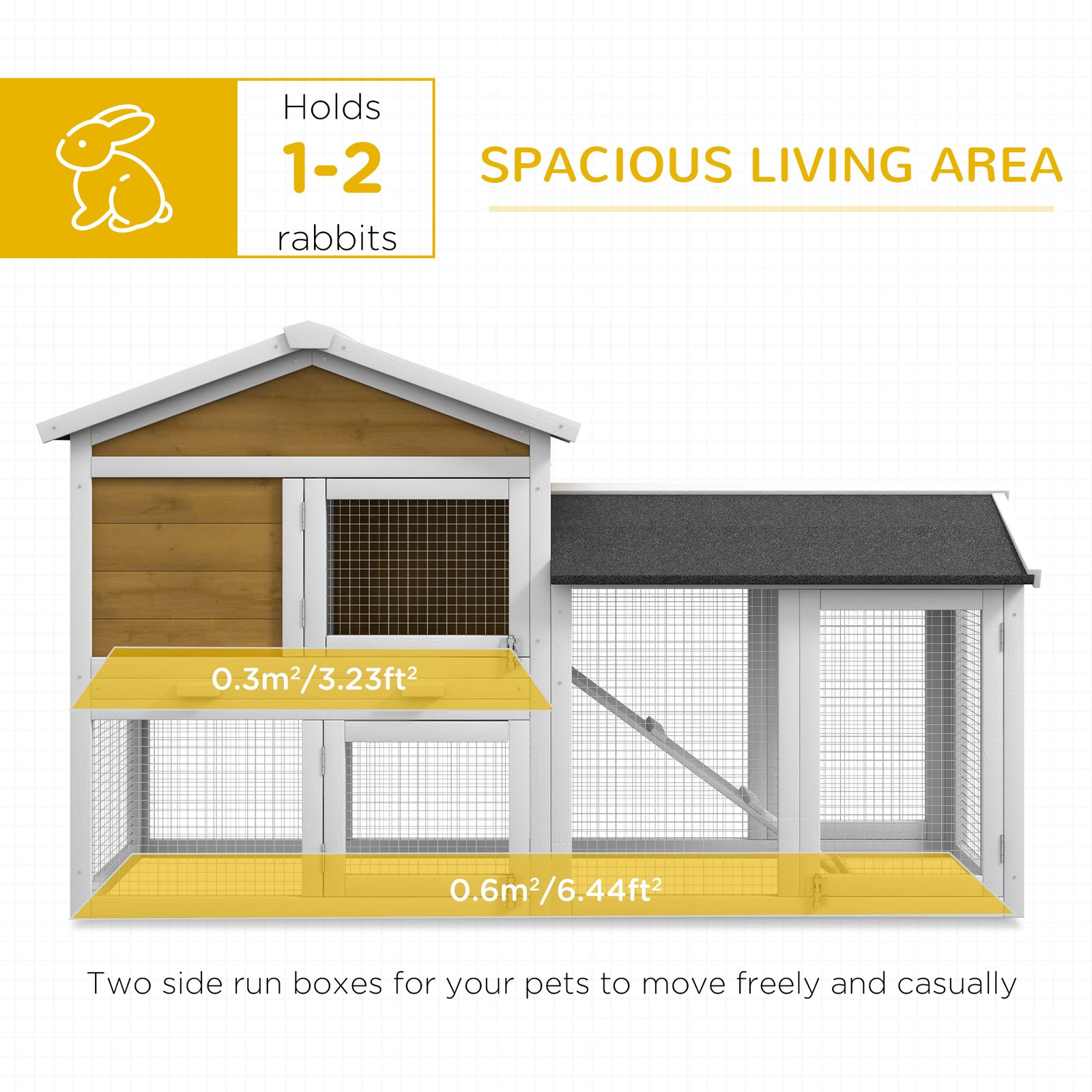 Wooden Rabbit Hutch Outdoor, Double Tier with Water-Resistant Roof, Ramp 147 x 54 x 84 cm, Yellow - Image 5