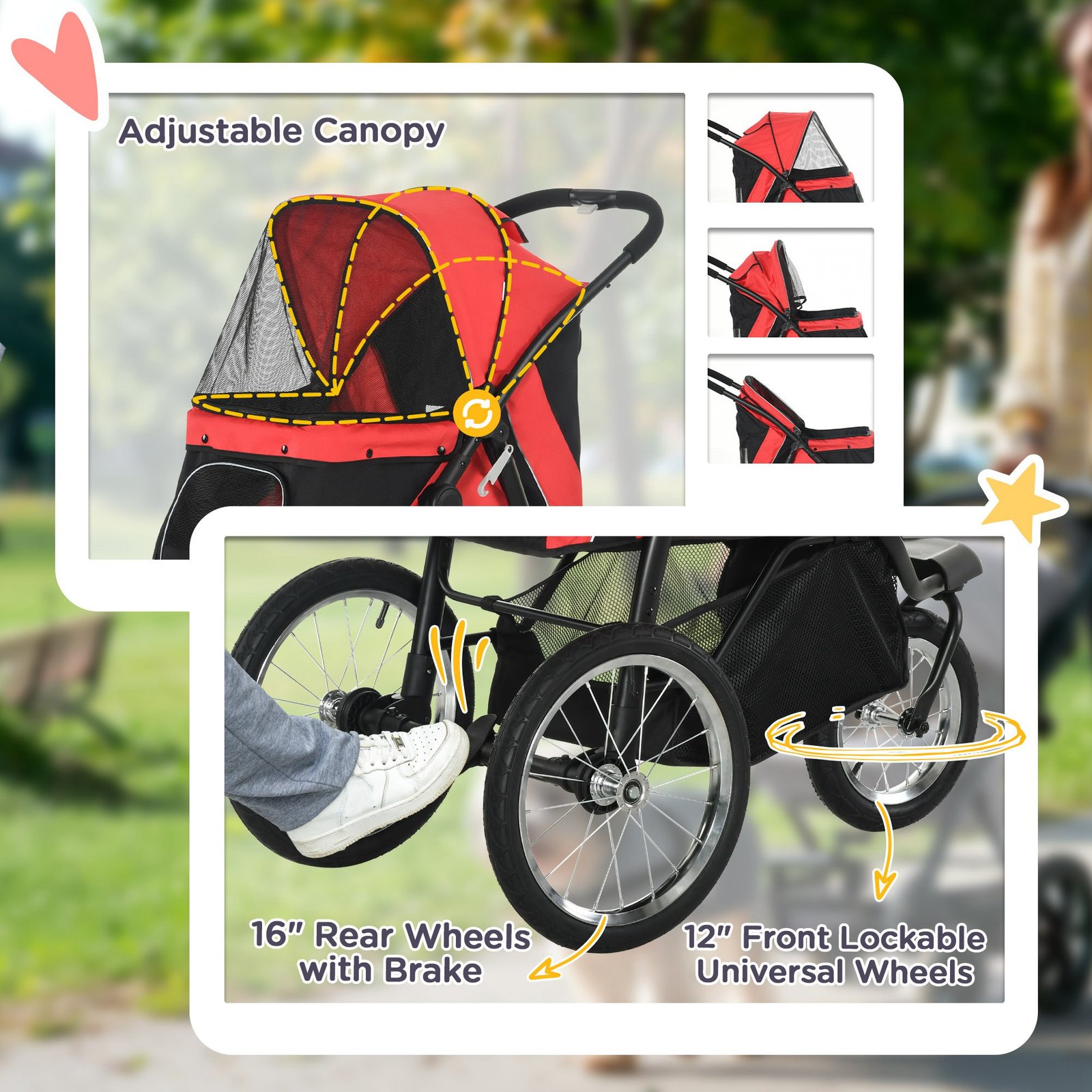Foldable Pet Stroller with Three Wheels, for Small, Medium Dogs, Red